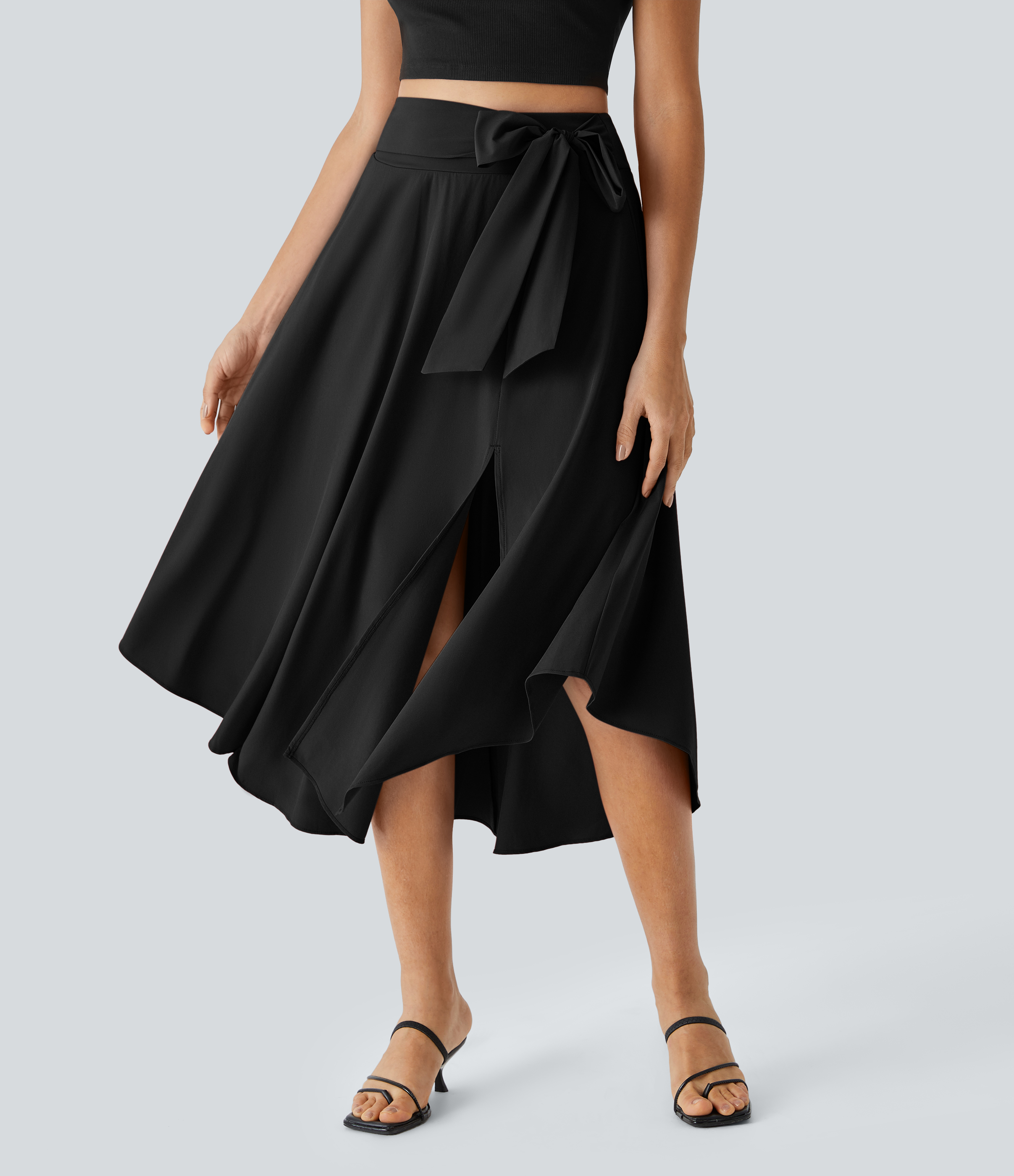 Halara Breezefulв„ў High Waisted Tie Side Split 2-in-1 Curved Hem Flowy Flare Quick Dry Midi Casual Skirt  - Black - M(regular) 