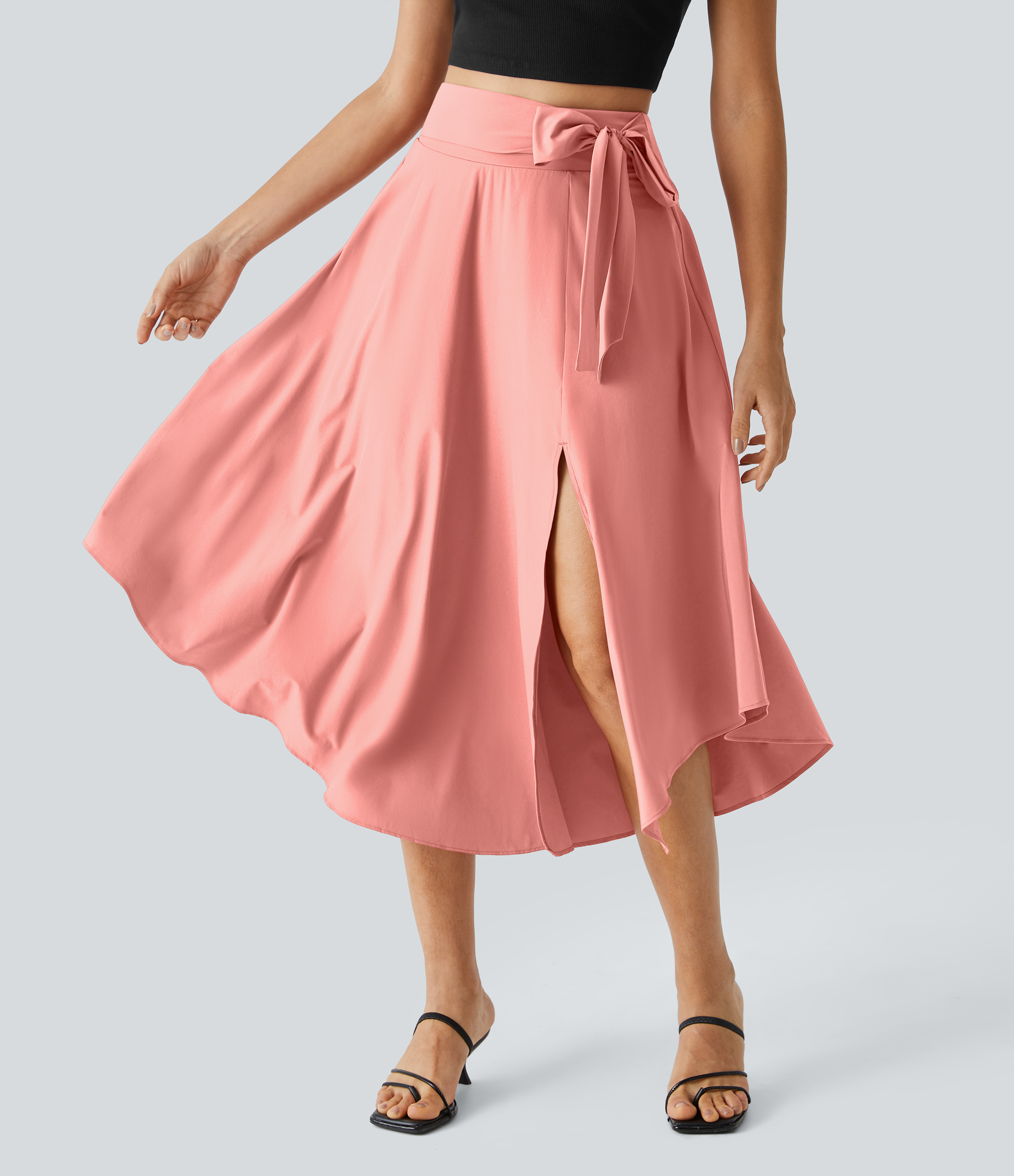 Halara Breezefulв„ў High Waisted Tie Side Split 2-in-1 Curved Hem Flowy Flare Quick Dry Midi Casual Skirt  - Peach Melba - M(regular) 