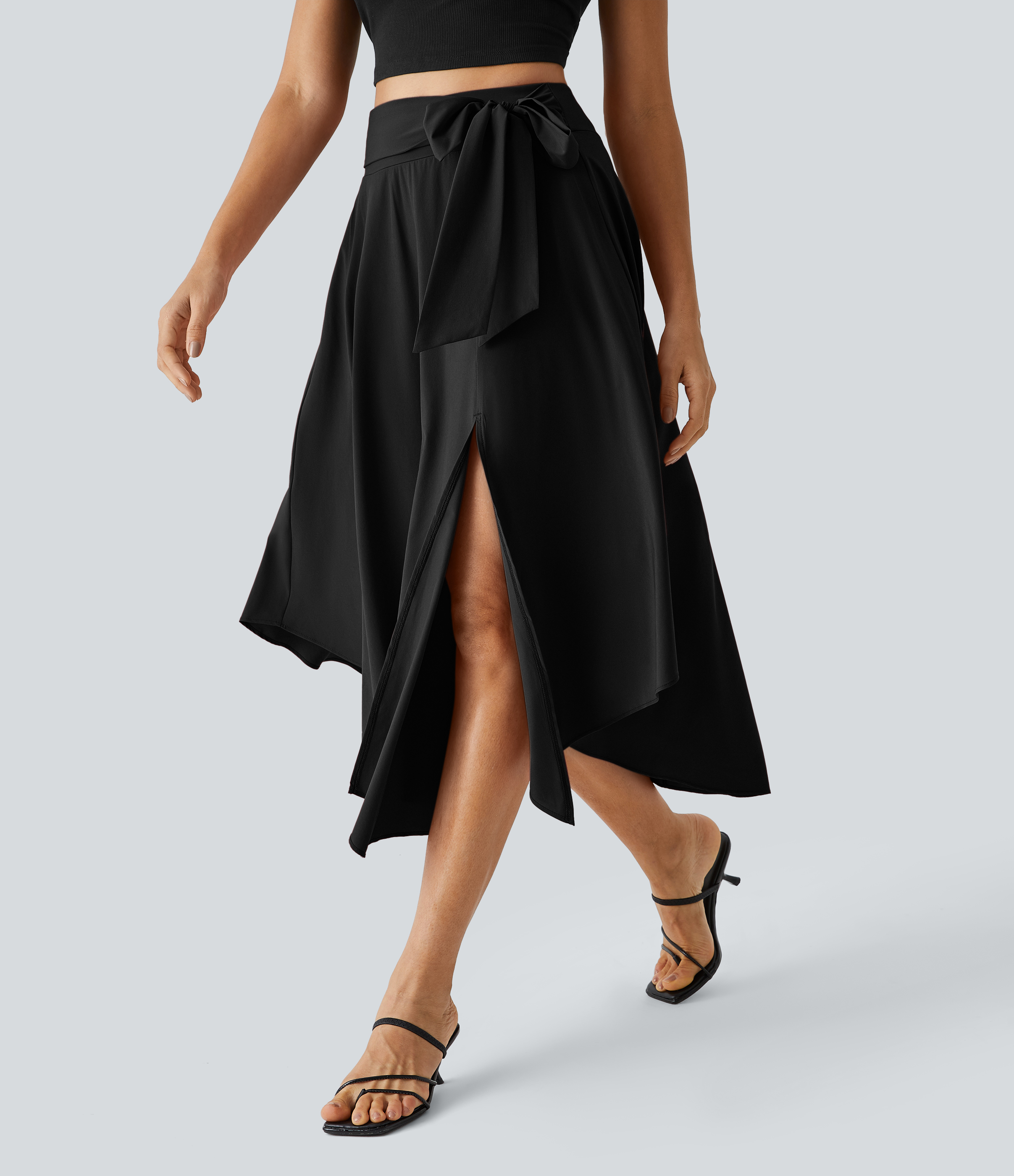Halara Breezefulв„ў High Waisted Tie Side Split 2-in-1 Curved Hem Flowy Flare Quick Dry Midi Casual Skirt  - Black - M(regular) 