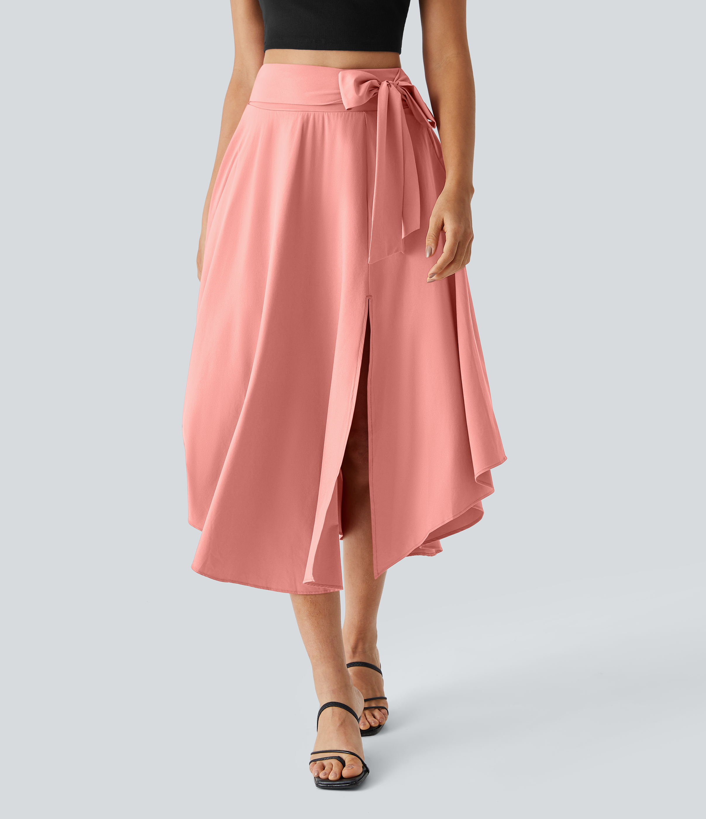 Halara Breezefulв„ў High Waisted Tie Side Split 2-in-1 Curved Hem Flowy Flare Quick Dry Midi Casual Skirt  - Peach Melba - M(regular) 