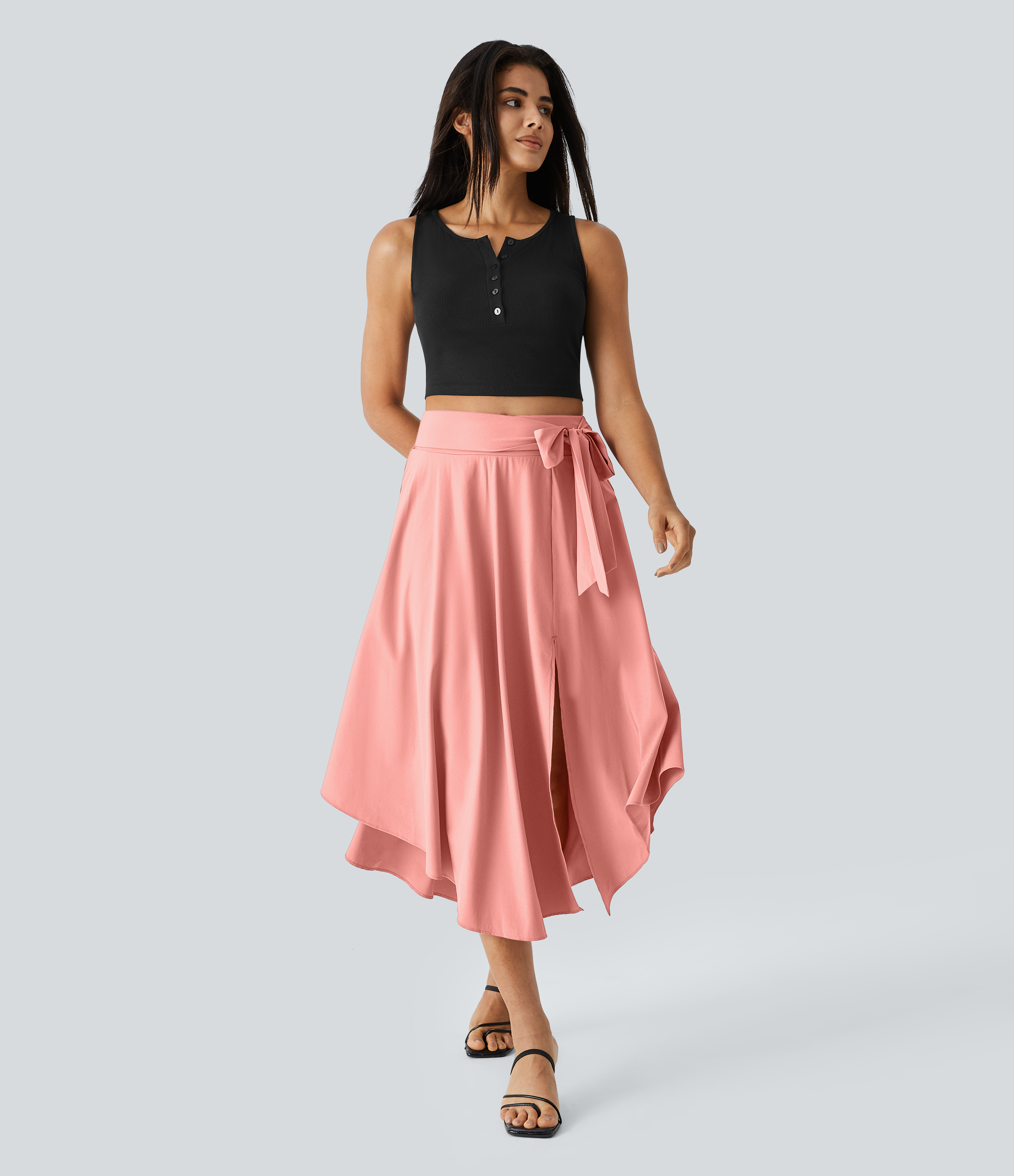 Halara Breezefulв„ў High Waisted Tie Side Split 2-in-1 Curved Hem Flowy Flare Quick Dry Midi Casual Skirt  - Peach Melba - M(regular) 
