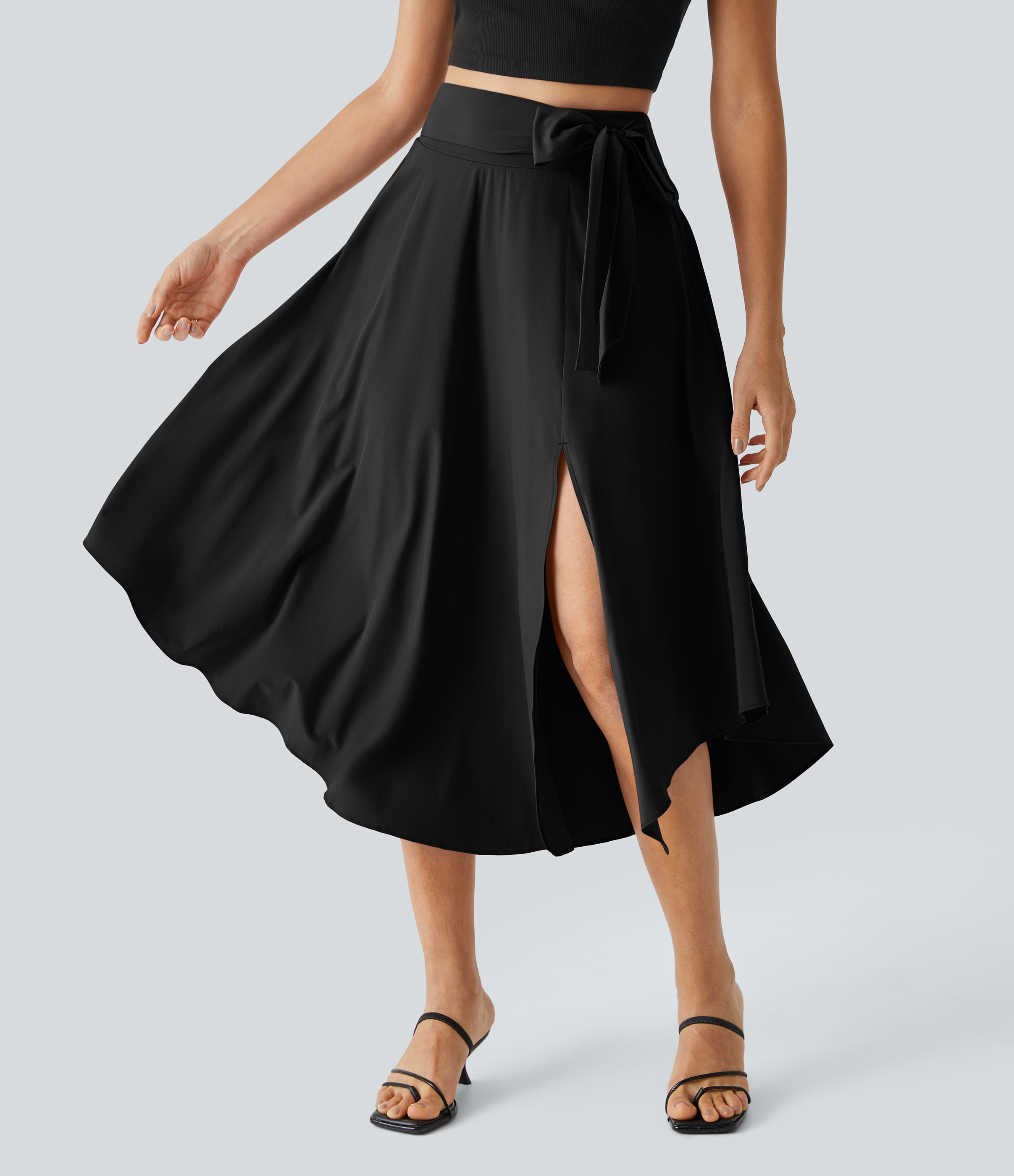 Halara Breezefulв„ў High Waisted Tie Side Split 2-in-1 Curved Hem Flowy Flare Quick Dry Midi Casual Skirt  - Black - M(regular) 