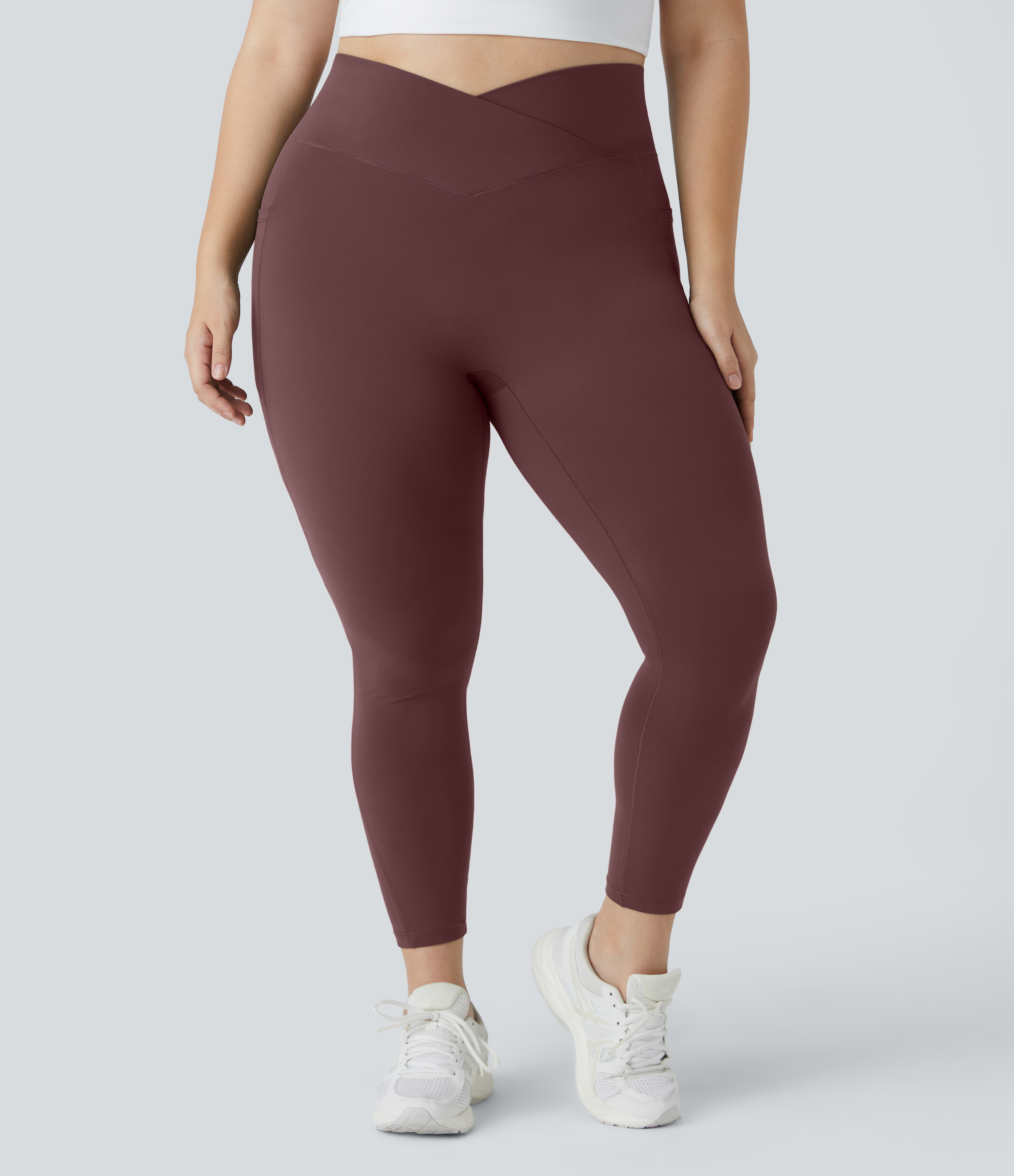 Halara Cloudfulв„ў Fabric High Waisted Crossover Side Pocket Plain Plus Size Full Length Leggings  - Red Mahogany - 3X 