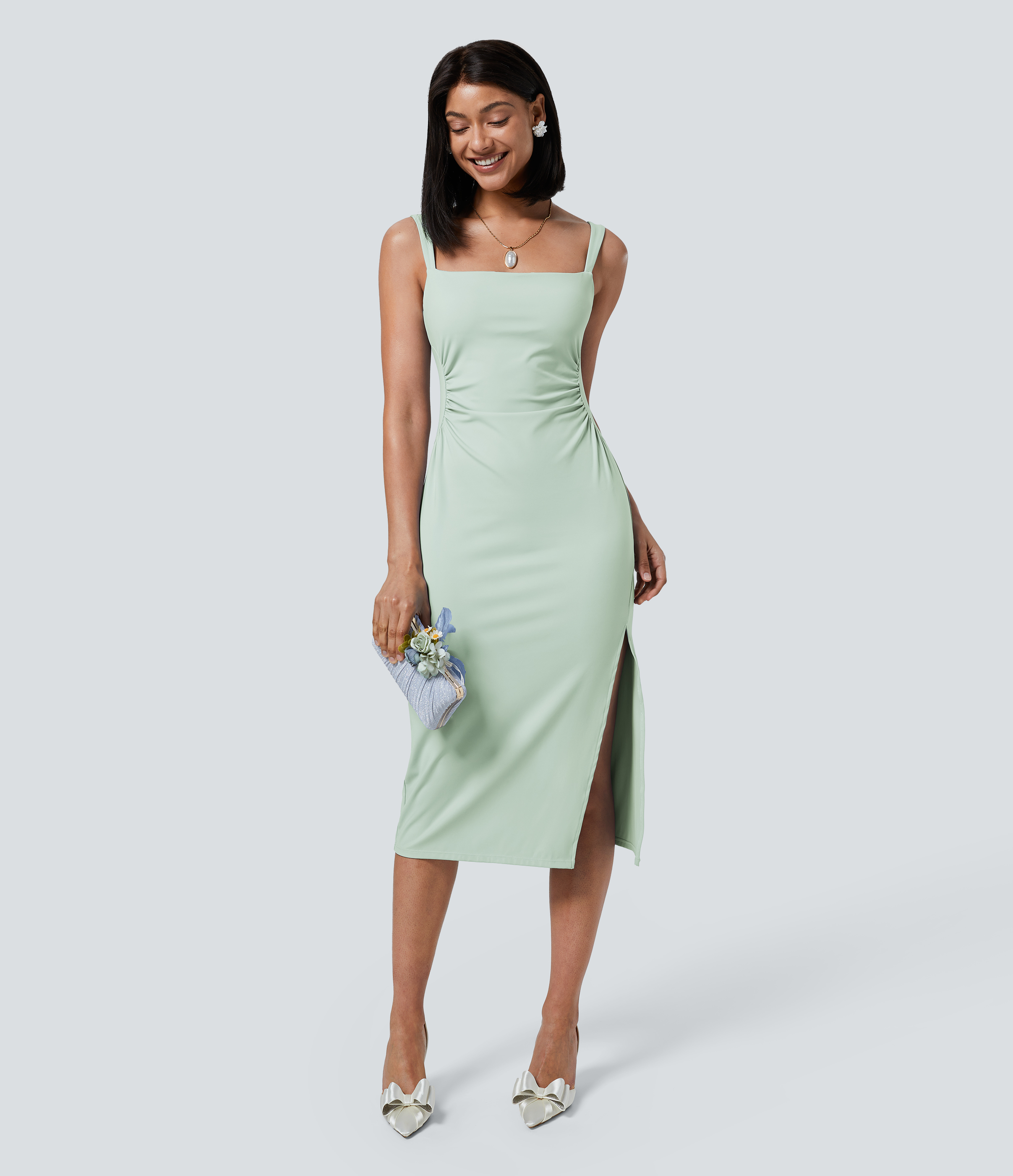 Halara Softlyzeroв„ў Airy Square Neck Ruched Split Midi Cool Touch Bridesmaid And Wedding Guest Dress Casual Dress - Fairest Jade - M 
