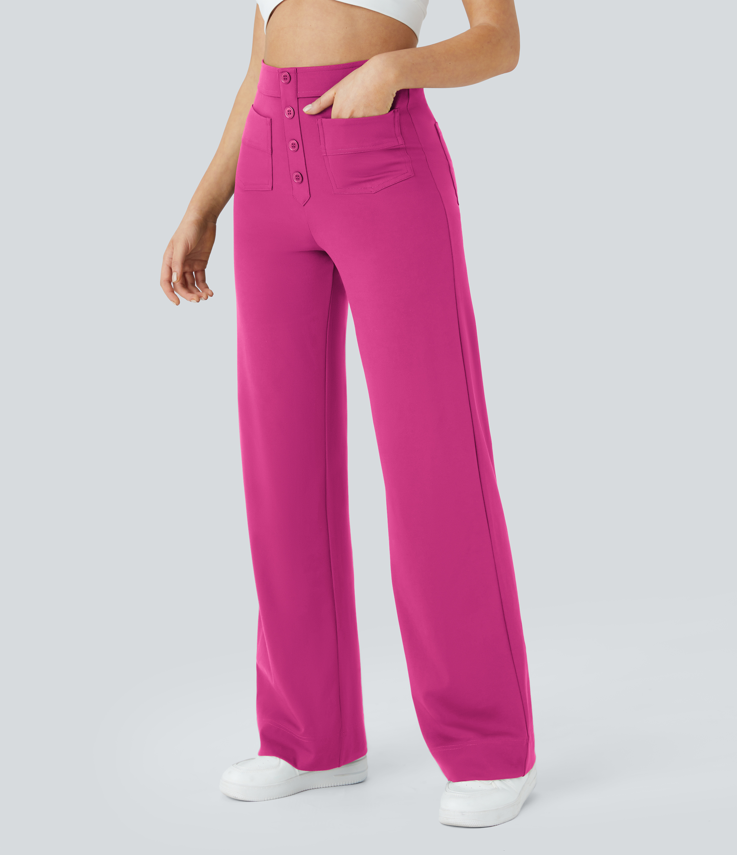 Halara High Waisted Button Multiple Pockets Straight Leg Casual Pants  - Raspberry Rose - S(regular) sweatpants jogger pants 