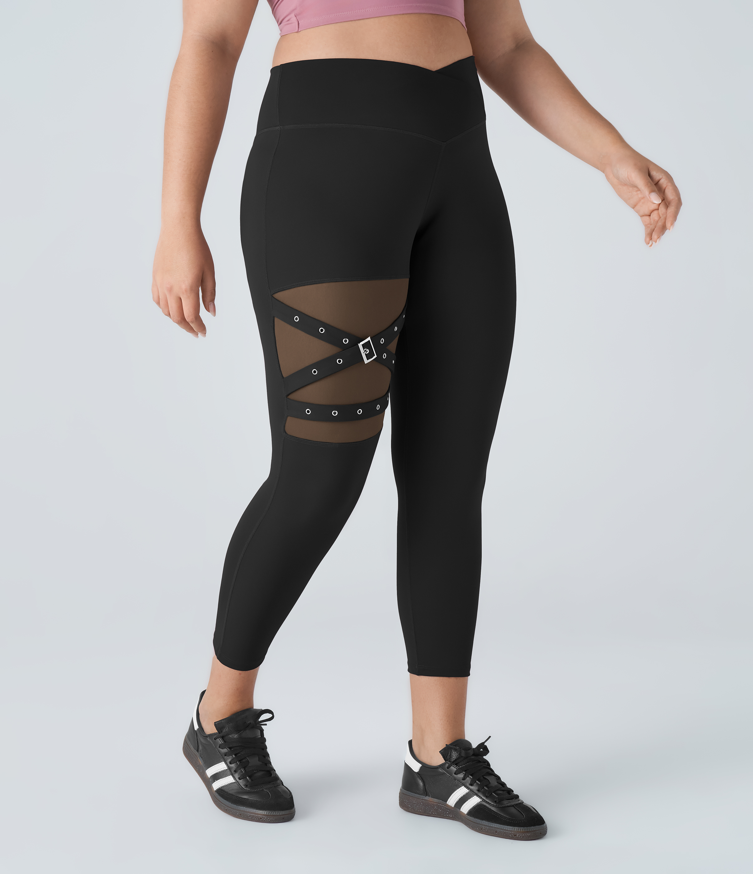 Halara High Waisted Crossover Contrast Mesh Decorative Buckle Yoga Plus Size Leggings  - Black - 2X(7/8) 