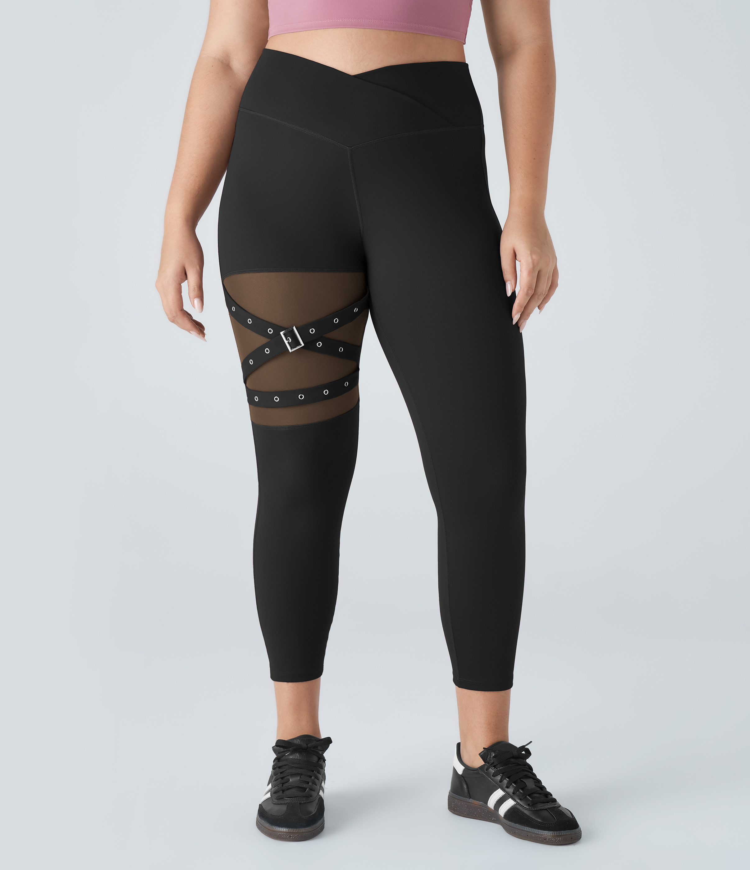 Halara High Waisted Crossover Contrast Mesh Decorative Buckle Yoga Plus Size Leggings  - Black - 2X(7/8) 