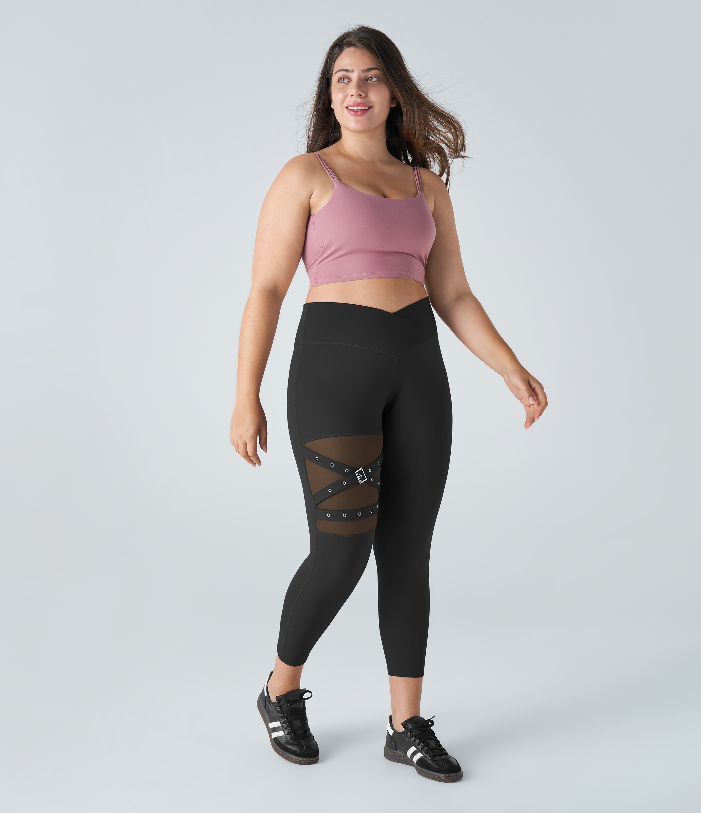 Halara High Waisted Crossover Contrast Mesh Decorative Buckle Yoga Plus Size Leggings  - Black - 2X(7/8) 