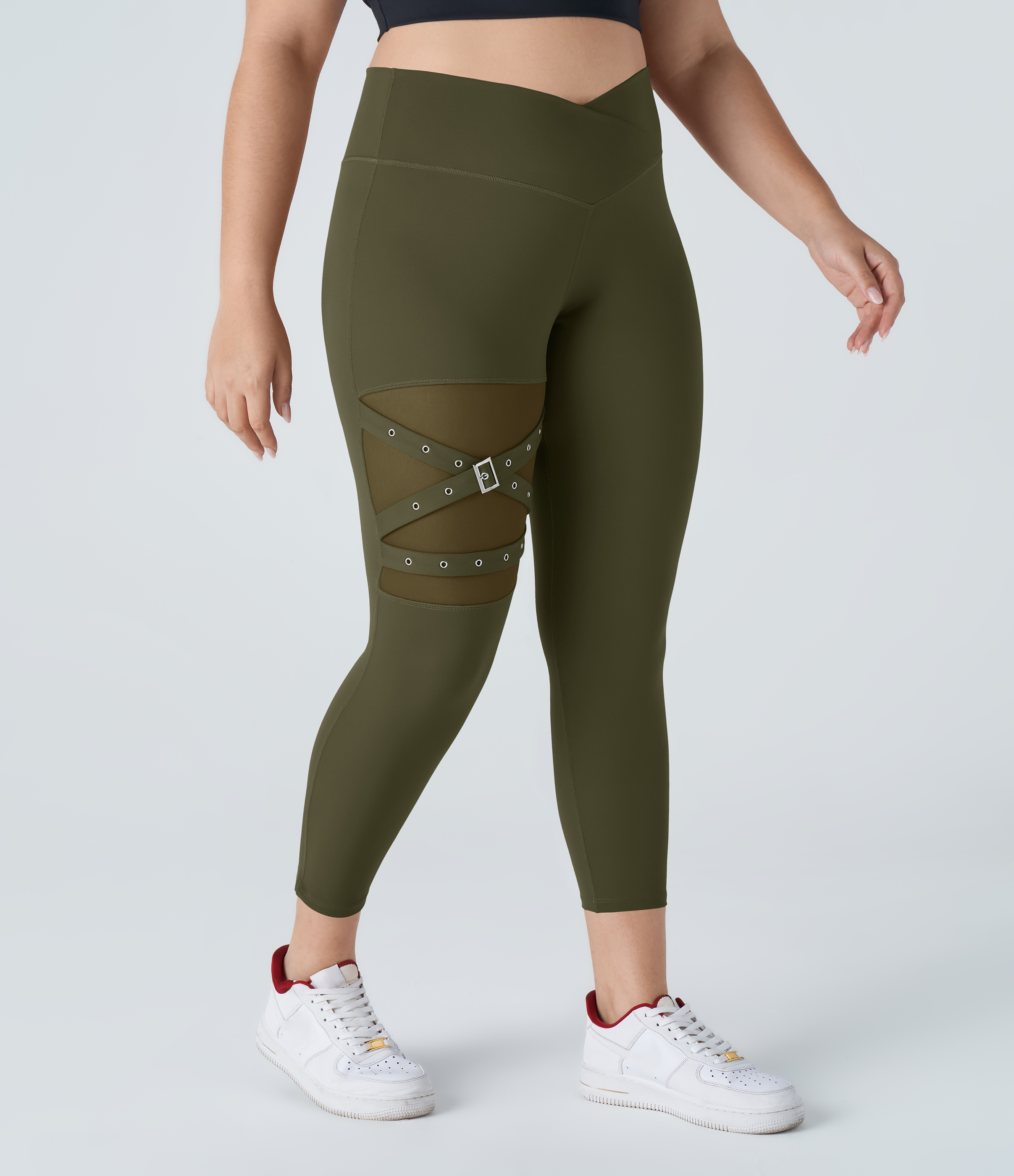 Halara High Waisted Crossover Contrast Mesh Decorative Buckle Yoga Plus Size Leggings  - Forest Night - 2X(7/8) 
