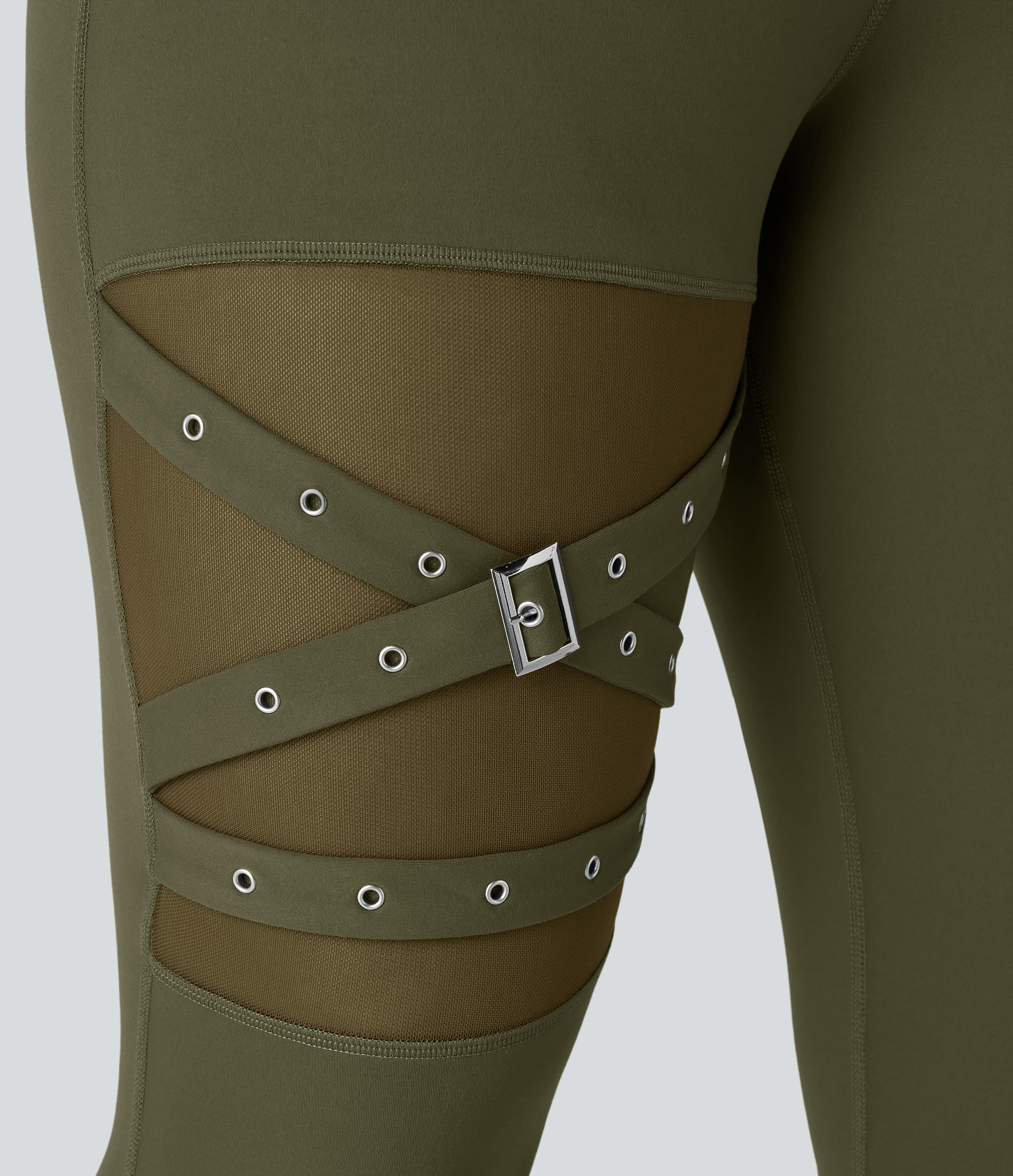 Halara High Waisted Crossover Contrast Mesh Decorative Buckle Yoga Plus Size Leggings  - Forest Night - 2X(7/8) 