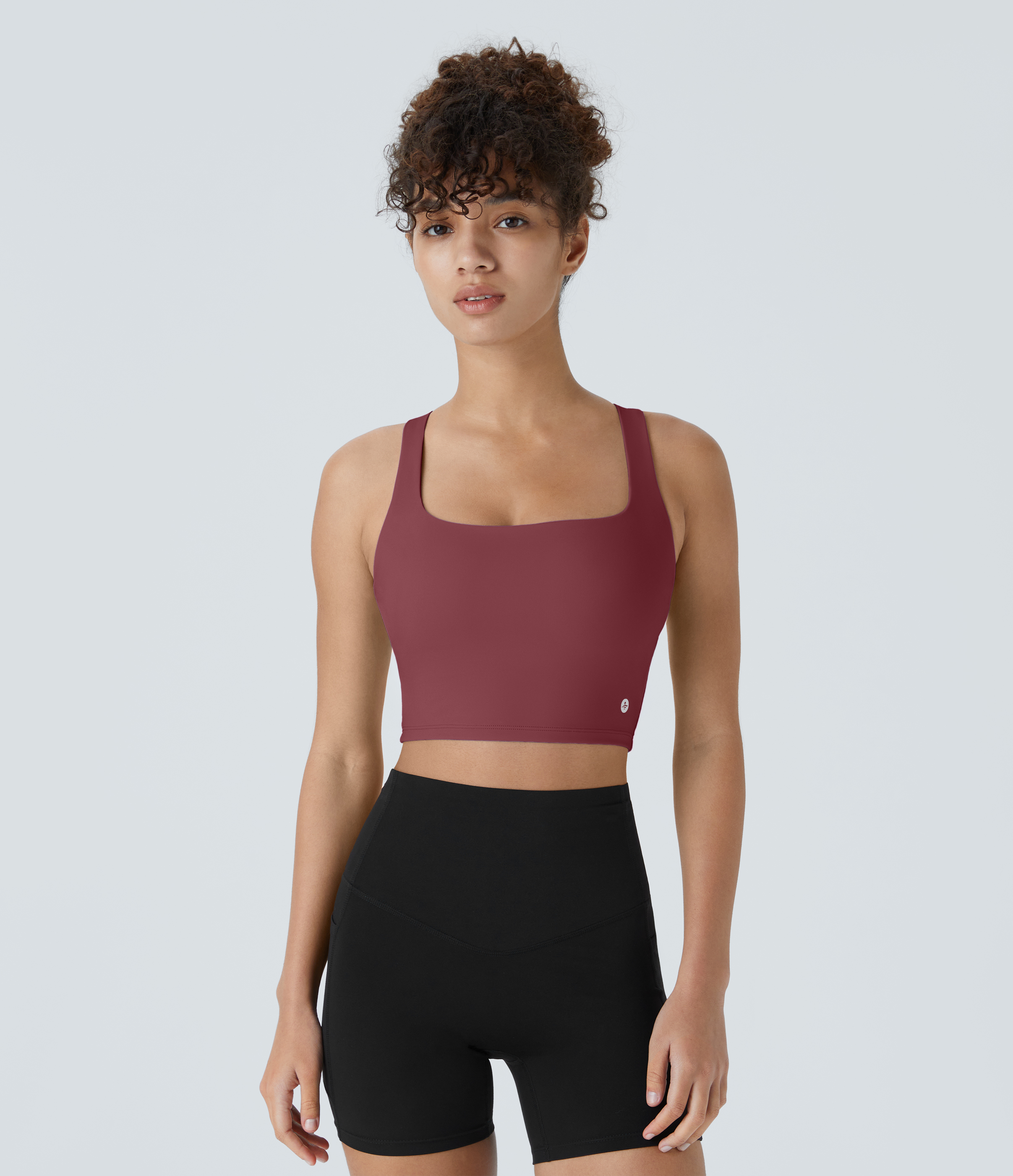 Halara Cloudfulв„ў Air Fabric Square Neck Backless Crisscross Cropped Cool Touch Yoga Tank Top Tank Top - Cordovan - L golf tops halter top 