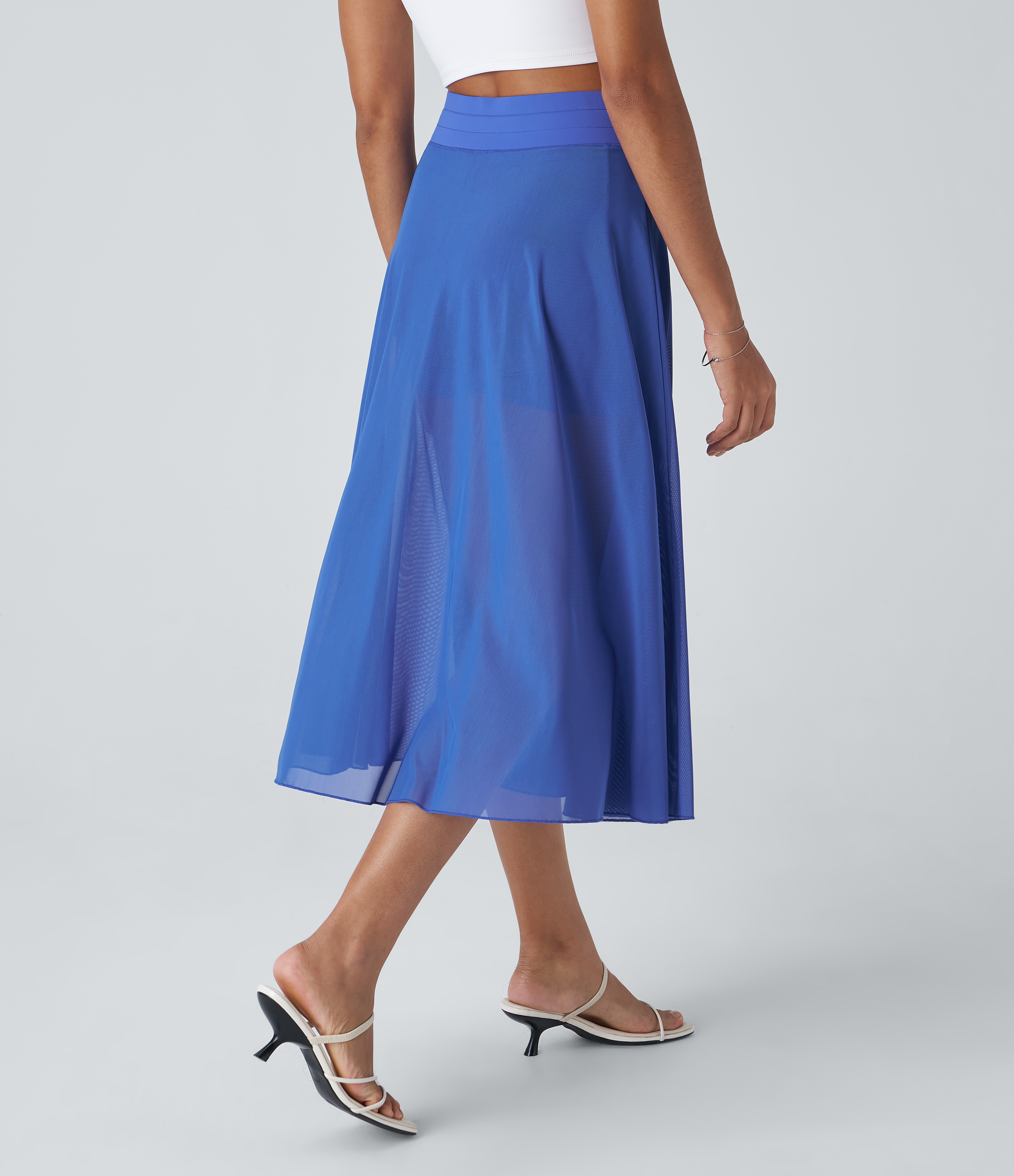 Halara High Waisted Drawstring Contrast Mesh 2-in-1 Side Pocket Flowy Midi Flare Casual Skirt  - Illusionary Midnight Blue - S 