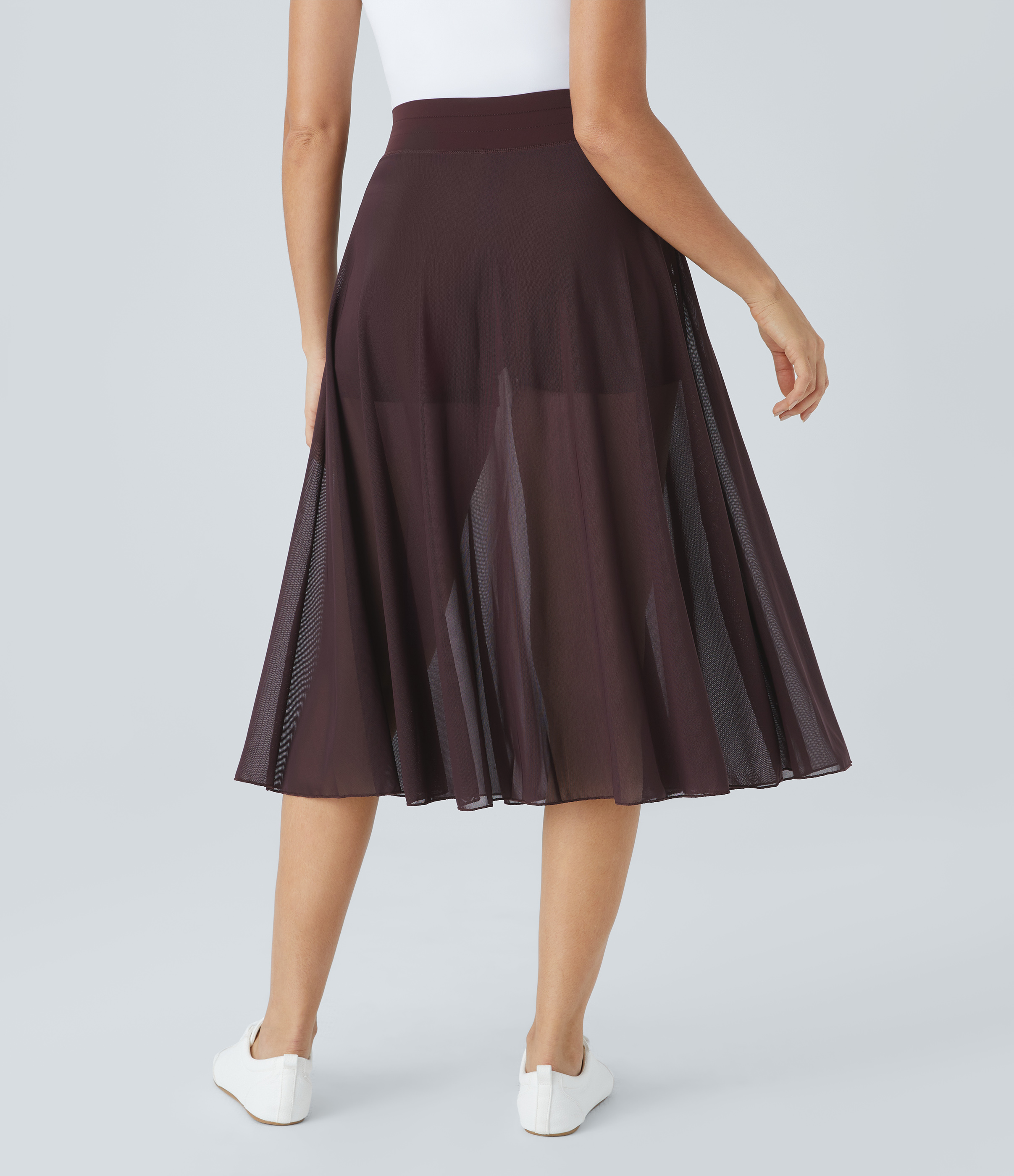 Halara High Waisted Drawstring Contrast Mesh 2-in-1 Side Pocket Flowy Midi Flare Casual Skirt  - Huckleberry - L midi skirt a line skirt 