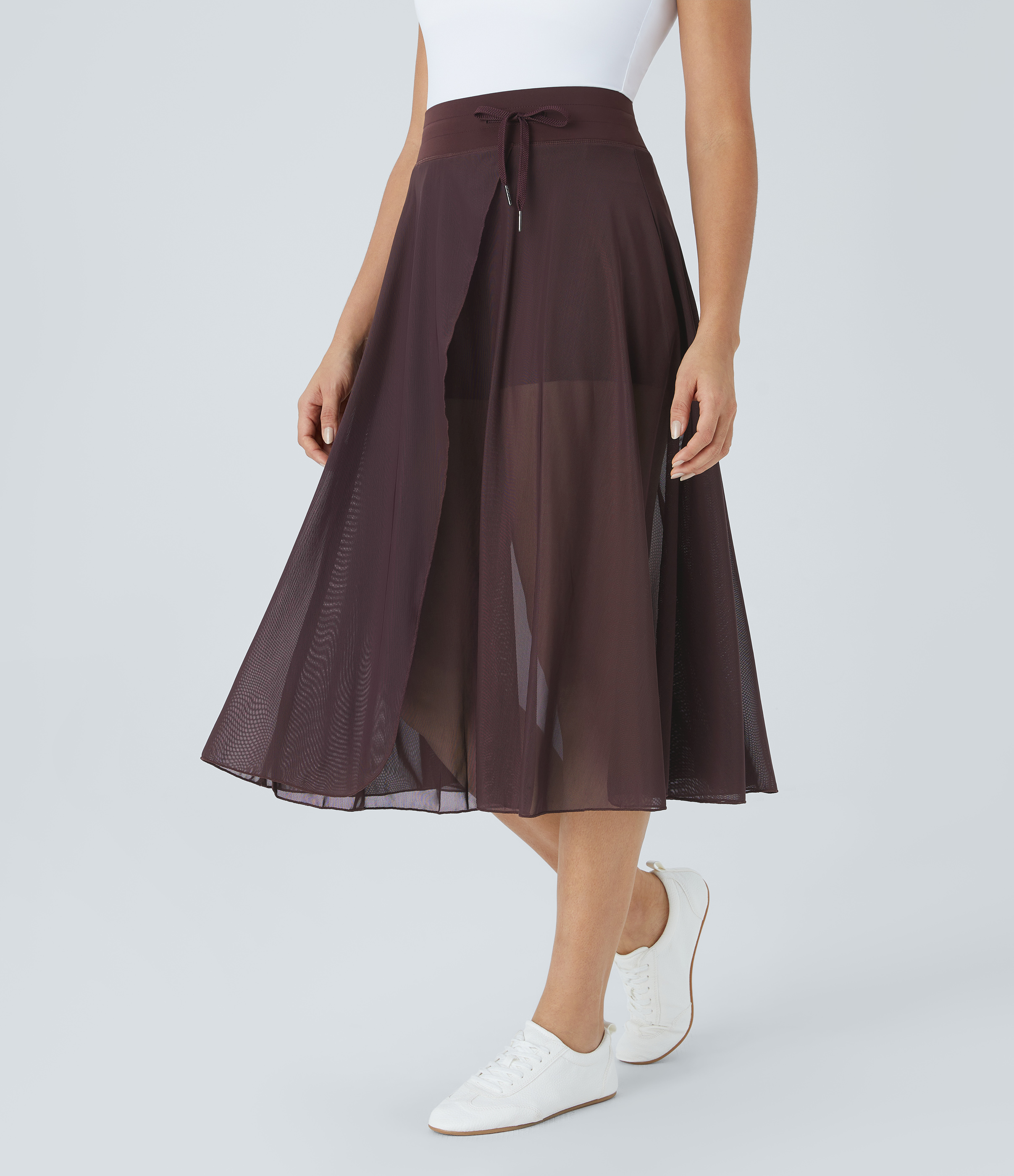 Halara High Waisted Drawstring Contrast Mesh 2-in-1 Side Pocket Flowy Midi Flare Casual Skirt  - Huckleberry - L midi skirt a line skirt 