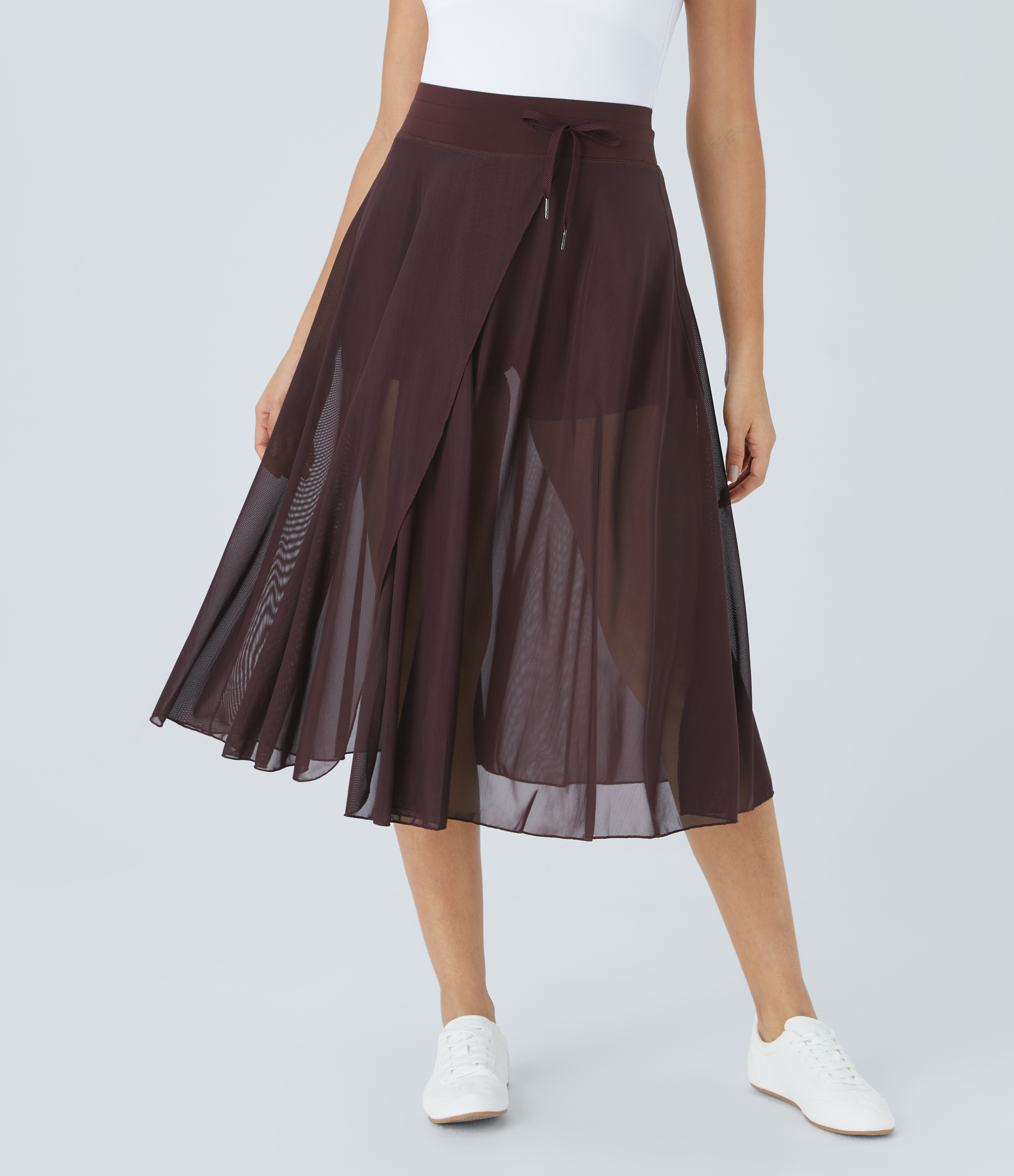Halara High Waisted Drawstring Contrast Mesh 2-in-1 Side Pocket Flowy Midi Flare Casual Skirt  - Huckleberry - L midi skirt a line skirt 