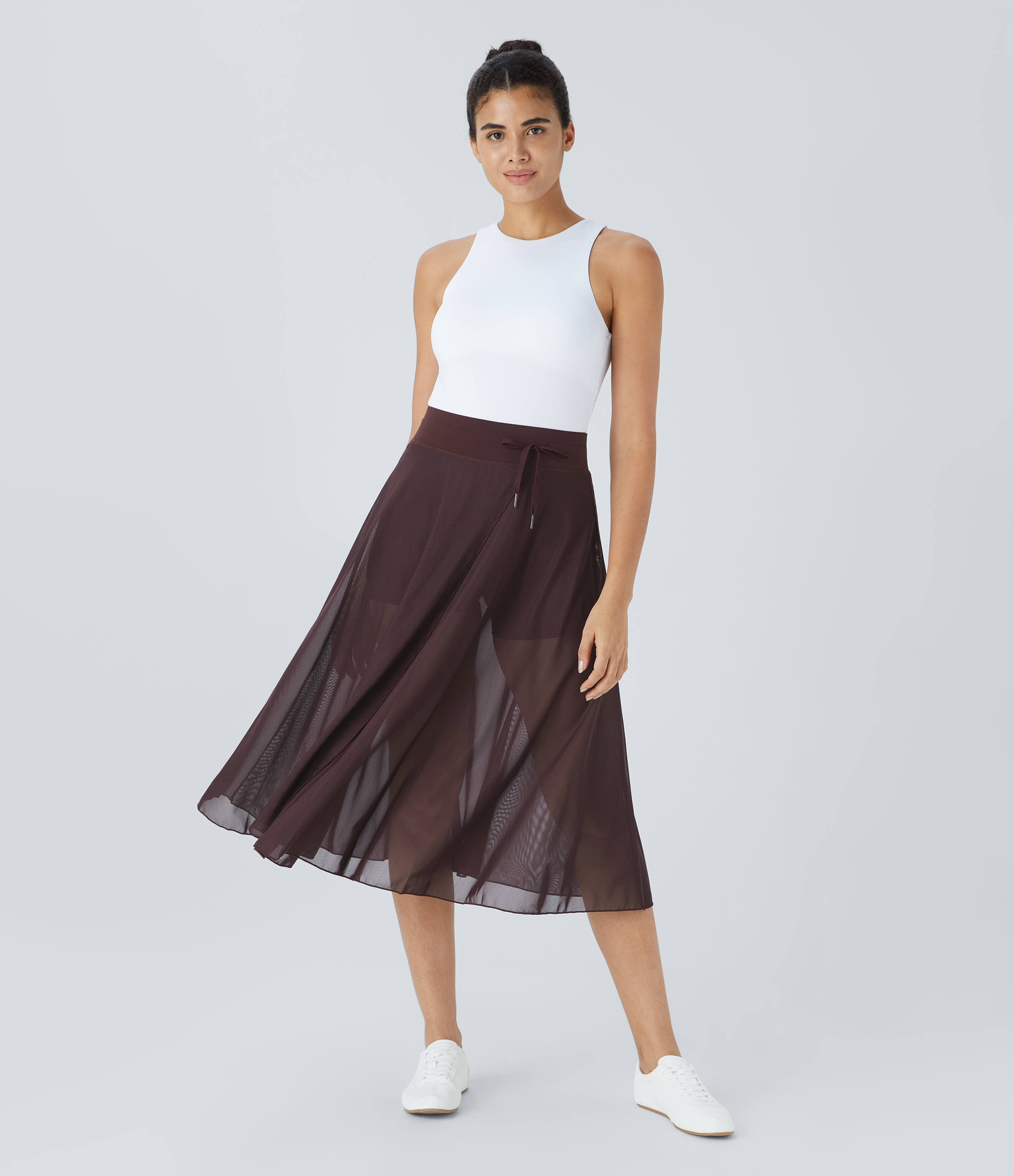 Halara High Waisted Drawstring Contrast Mesh 2-in-1 Side Pocket Flowy Midi Flare Casual Skirt  - Huckleberry - L midi skirt a line skirt 