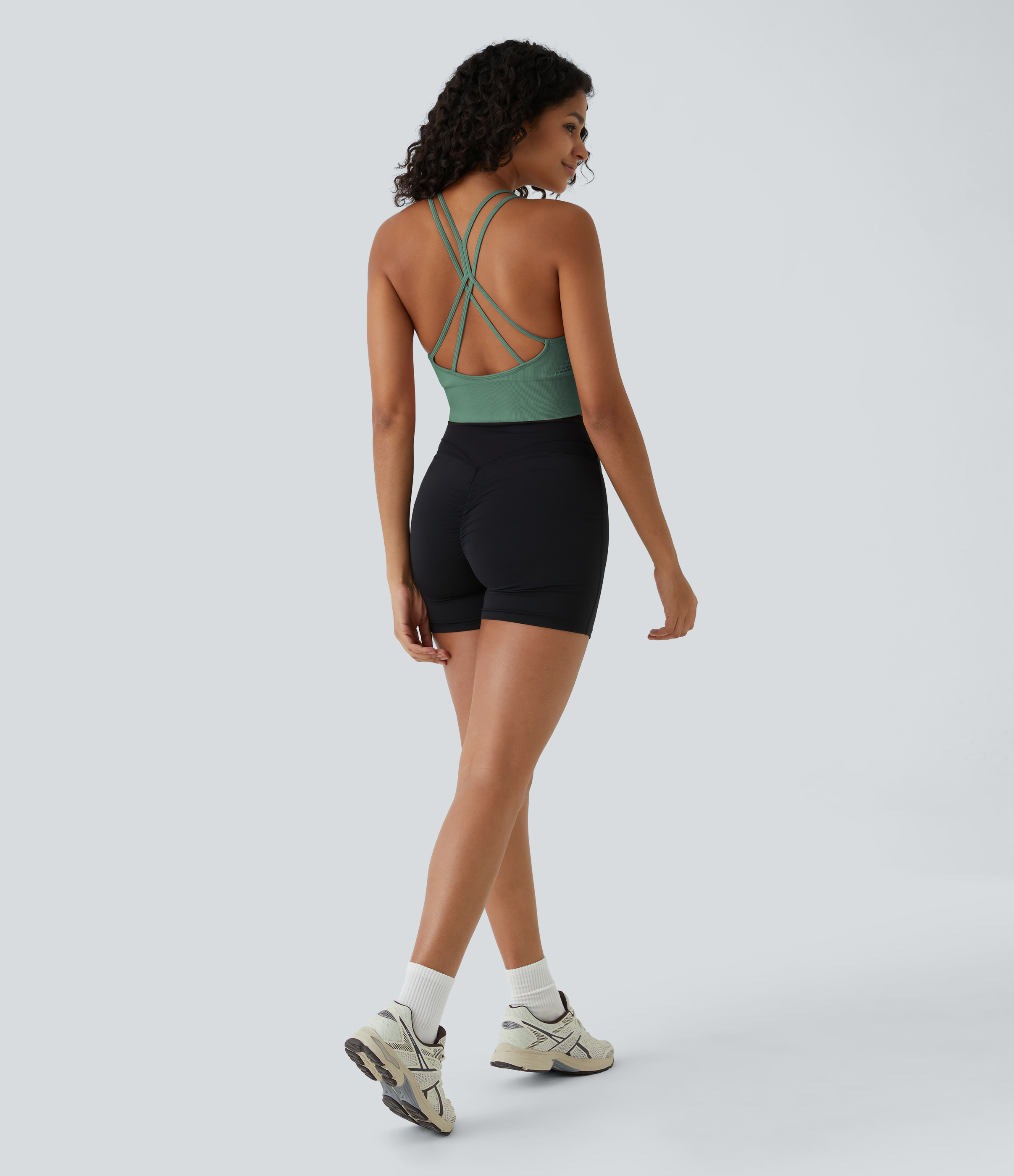 Halara Seamless Flow Low Support Ruched Double Straps Backless Crisscross Sports Bra  - Granite Green - XL push up bra strapless bra 