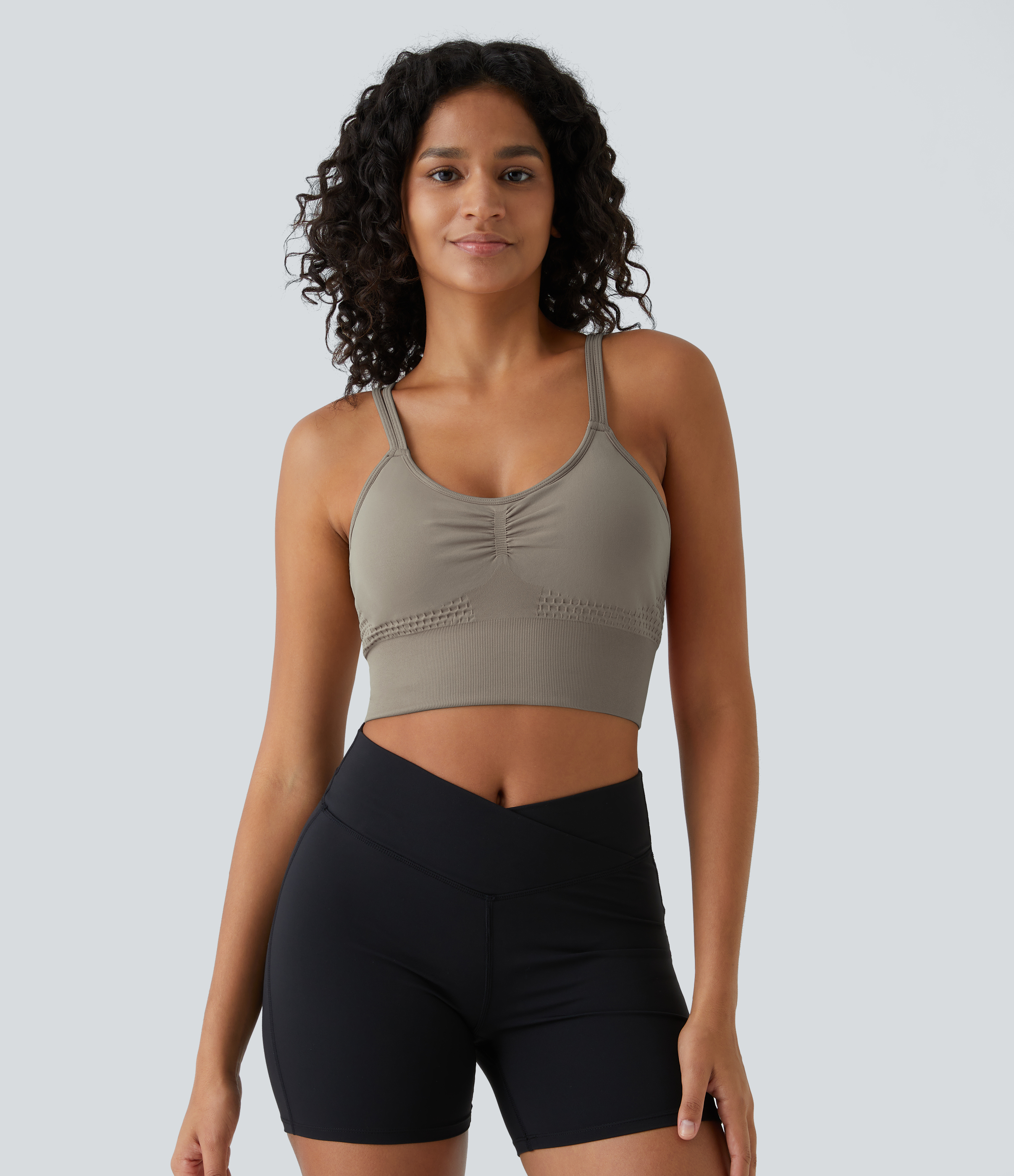Halara Seamless Flow Low Support Ruched Double Straps Backless Crisscross Sports Bra  - Frost Gray - M push up bra strapless bra backless bra 