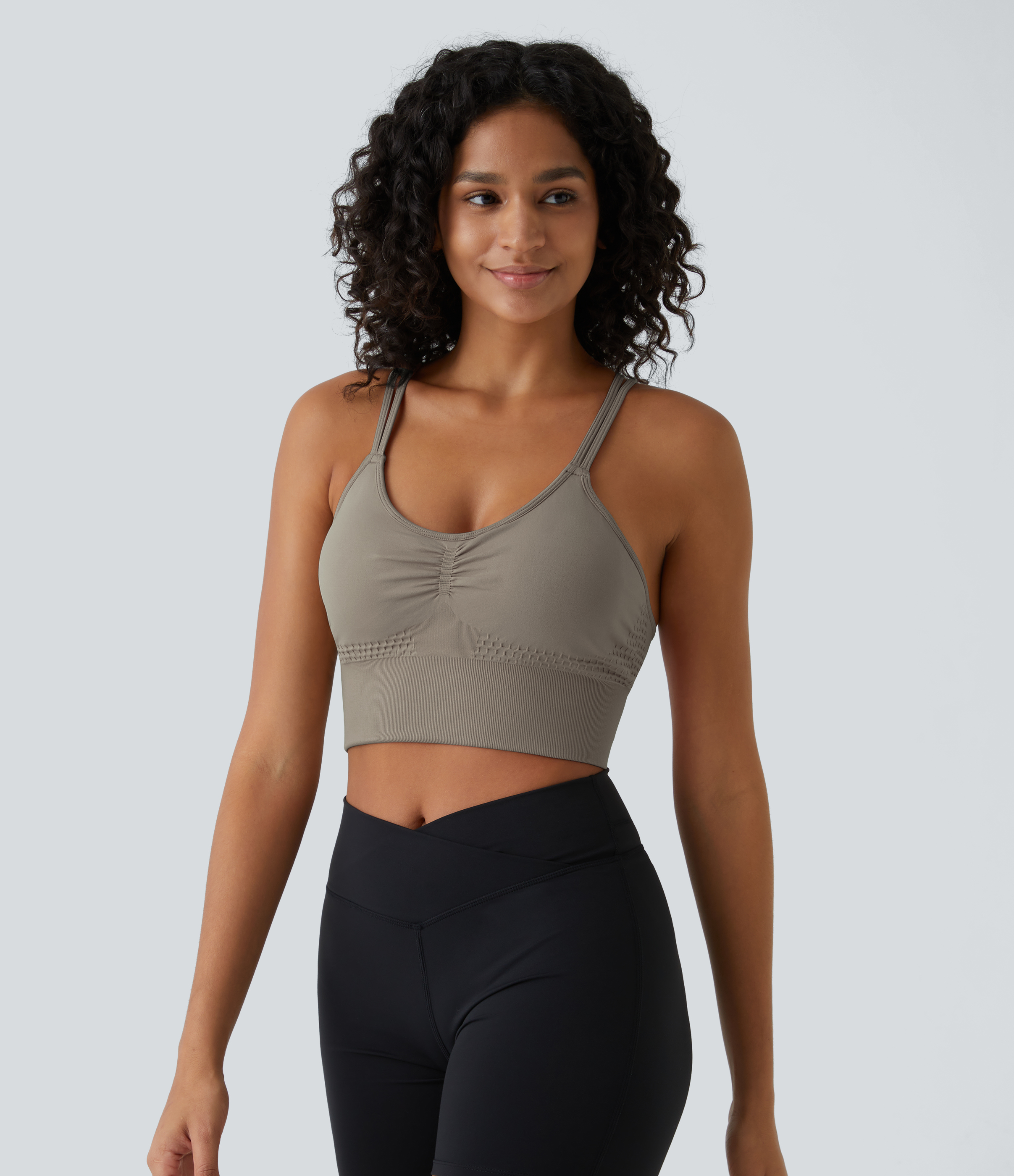 Halara Seamless Flow Low Support Ruched Double Straps Backless Crisscross Sports Bra  - Frost Gray - M push up bra strapless bra backless bra 