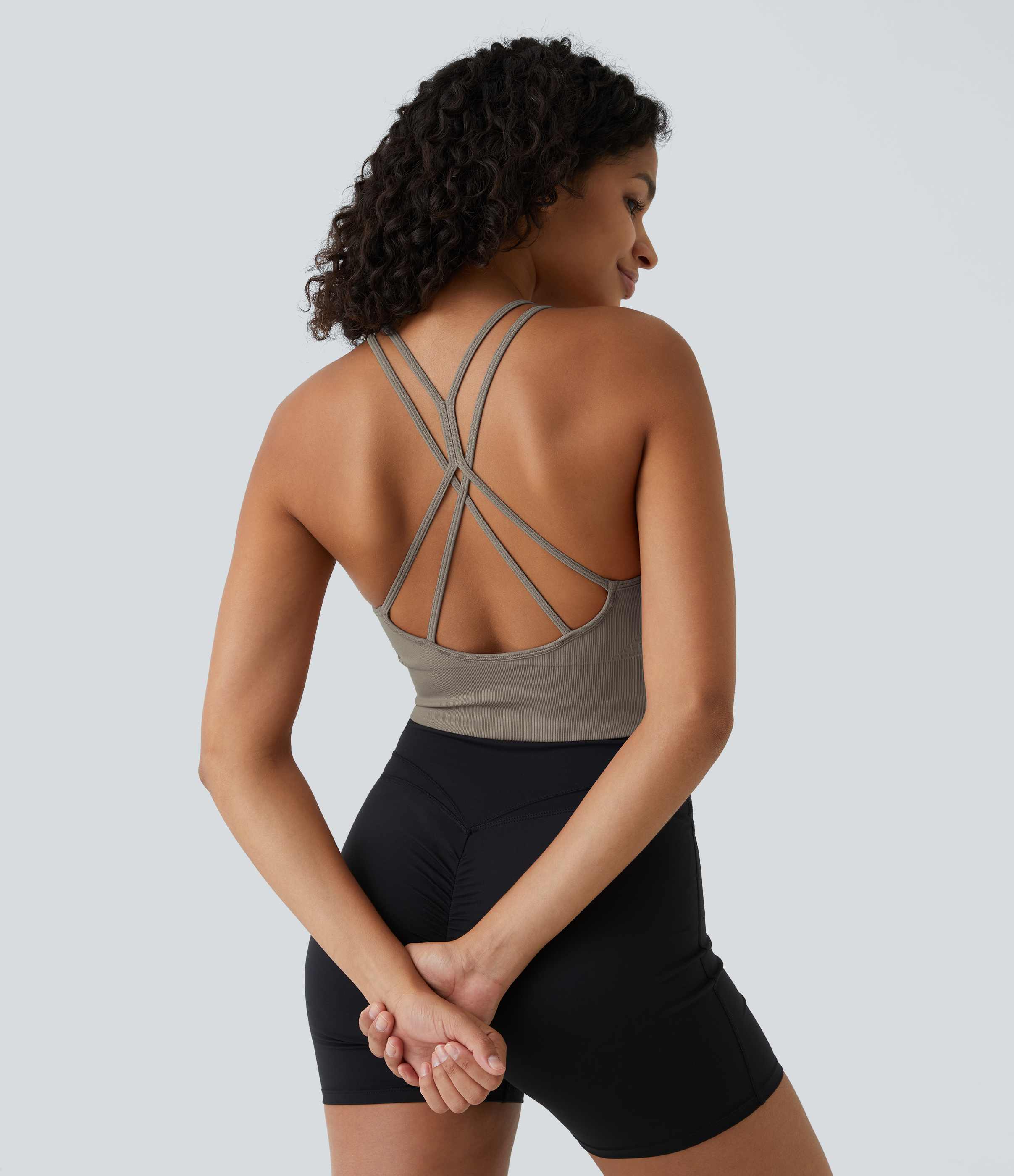 Halara Seamless Flow Low Support Ruched Double Straps Backless Crisscross Sports Bra  - Frost Gray - M push up bra strapless bra backless bra 