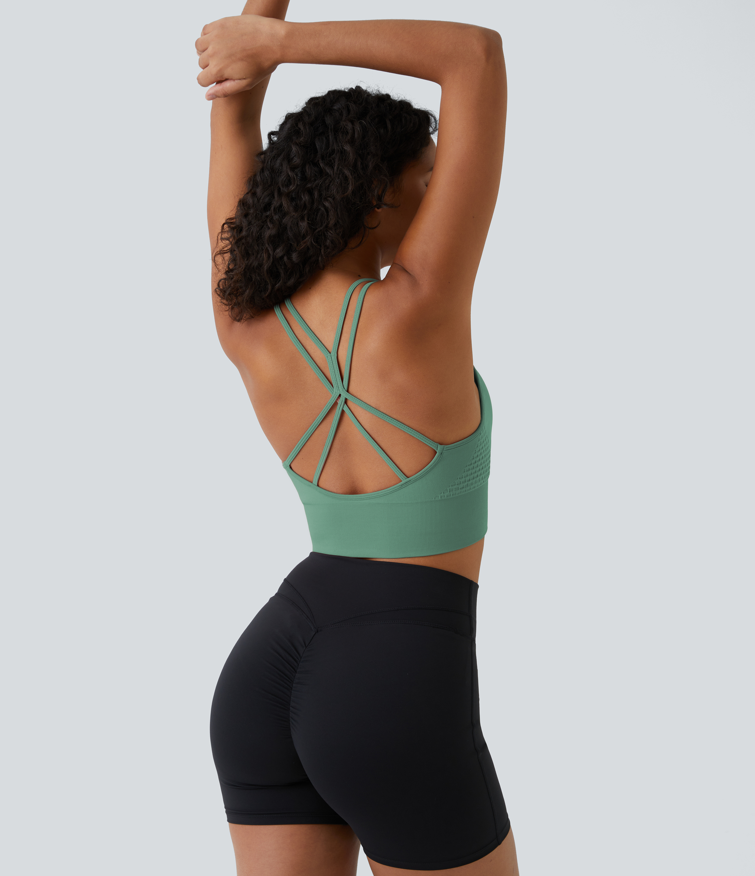 Halara Seamless Flow Low Support Ruched Double Straps Backless Crisscross Sports Bra  - Granite Green - XL push up bra strapless bra 