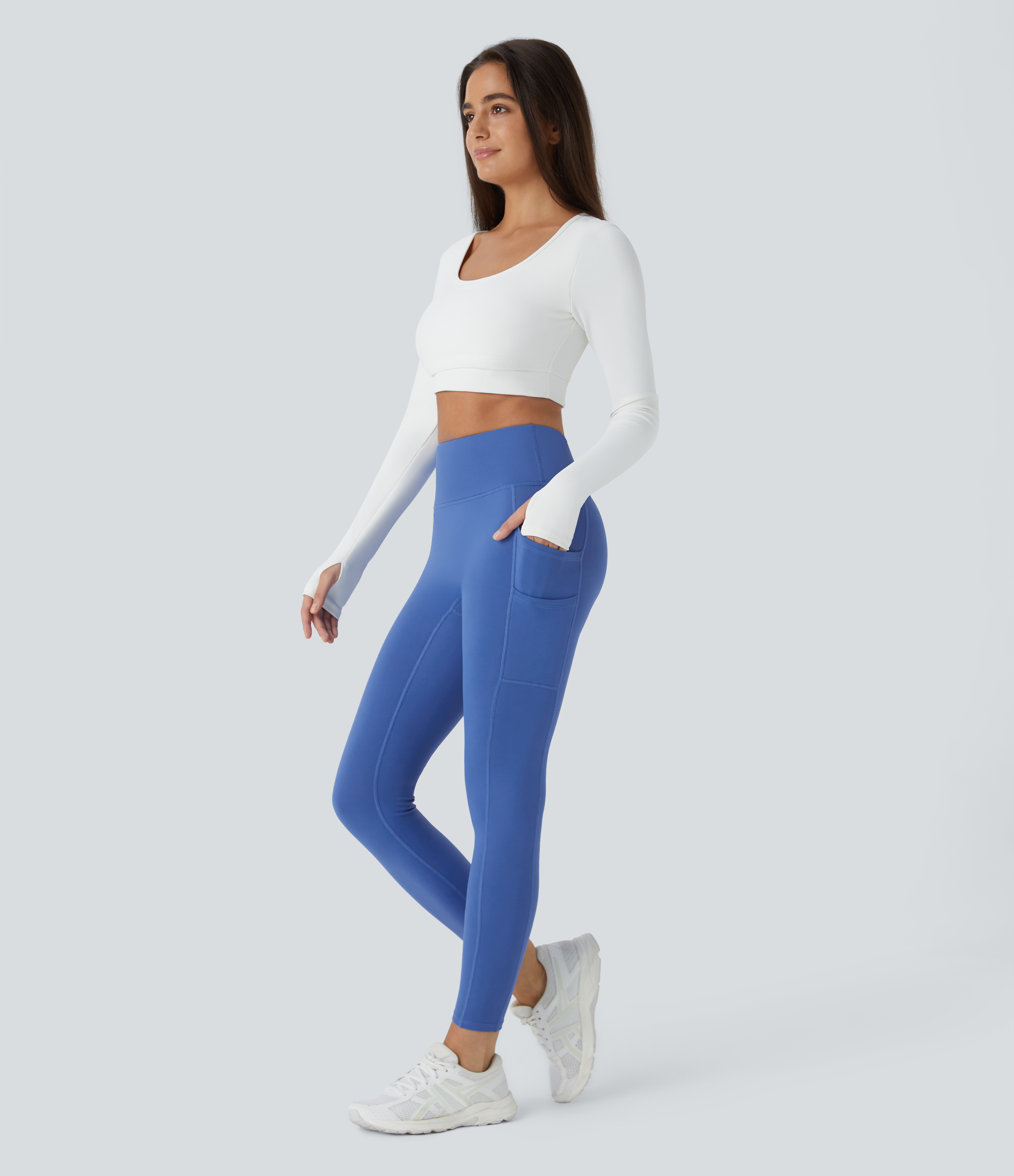 Halara Softlyzeroв„ў Plush Thermal High Waisted Double Pockets 7/8 Yoga Leggings  - Deep Sapphire Blue - L(7/8) gym leggings 