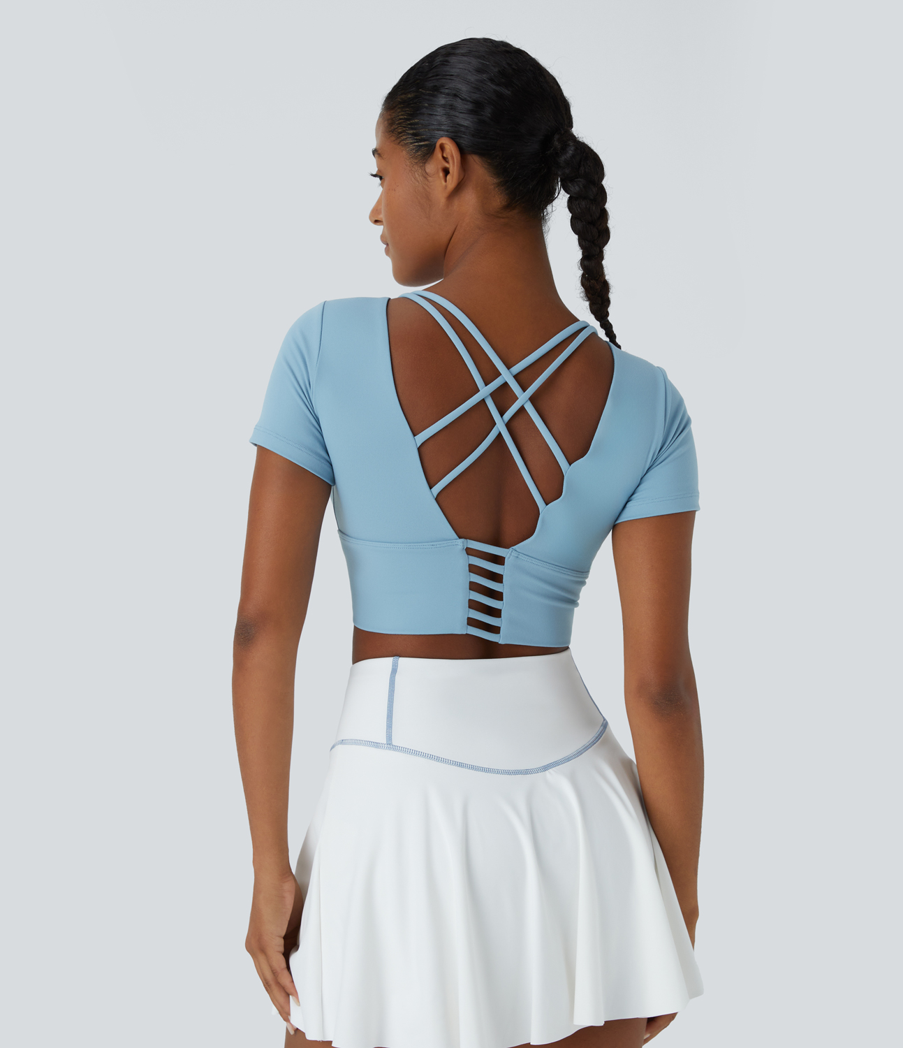 Halara Round Neck Short Sleeve Backless Crisscross Cropped Sports Top  - Glacier Blue - M 