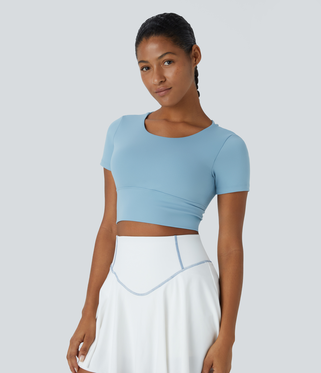 Halara Round Neck Short Sleeve Backless Crisscross Cropped Sports Top  - Glacier Blue - M 