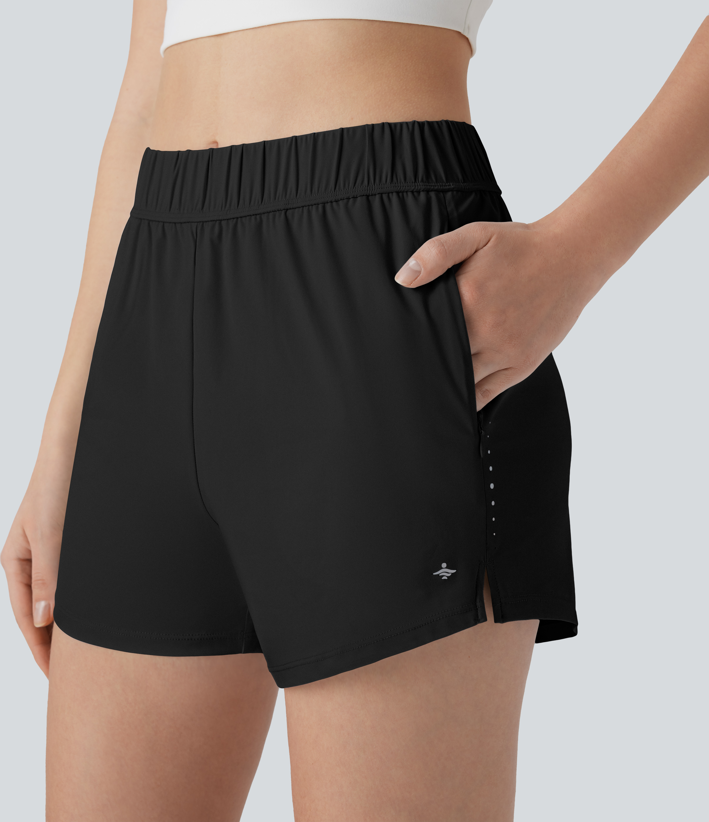 Halara Mid Rise Side Zipper Pockets Reflective Dots Split Hem Running Shorts Gym Short - Caviar - M booty shorts compression shorts 