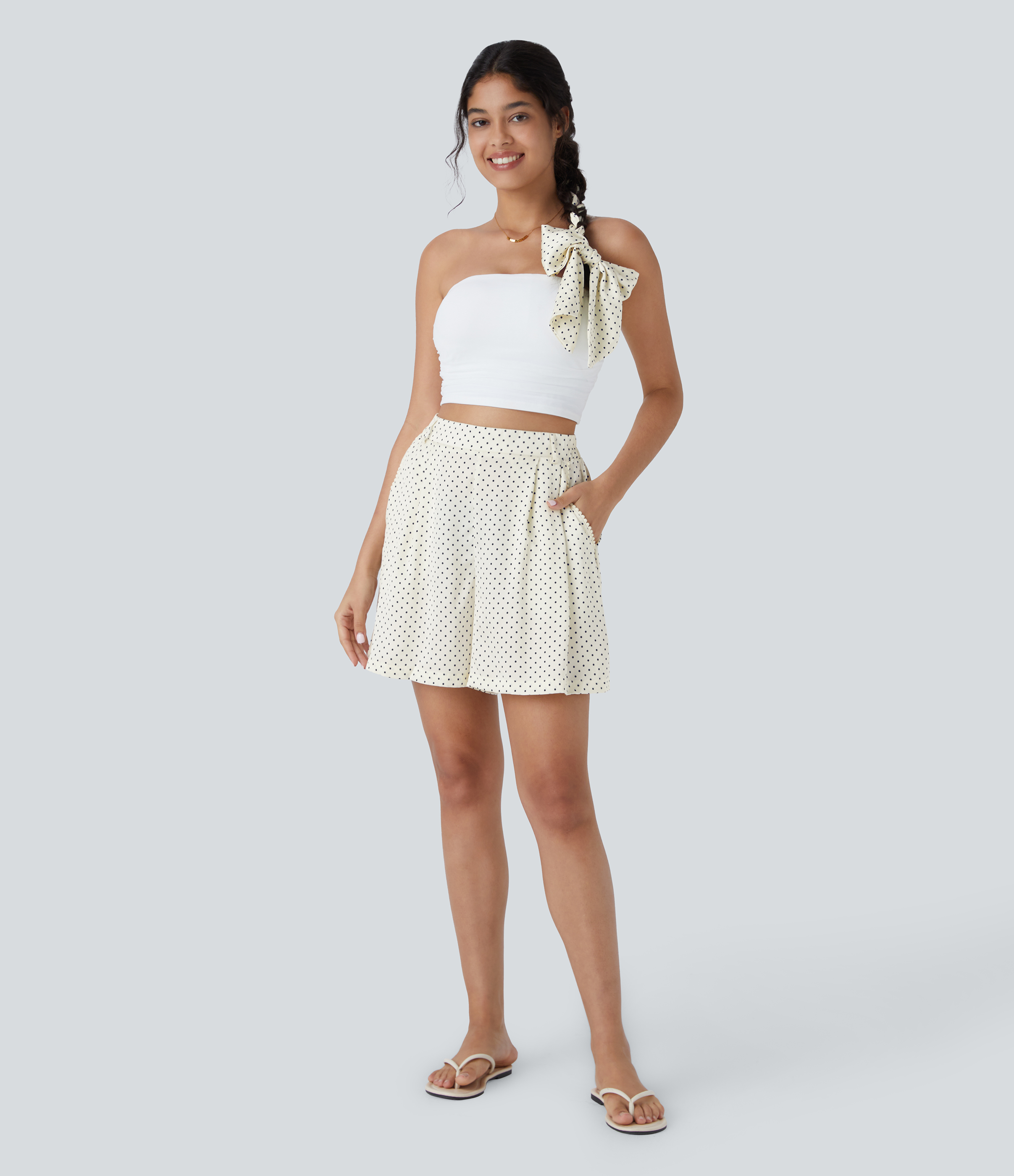 Halara High Waisted Belted Side Pocket Polka Dot Resort Shorts  - Light Beige Polka Dots - L 