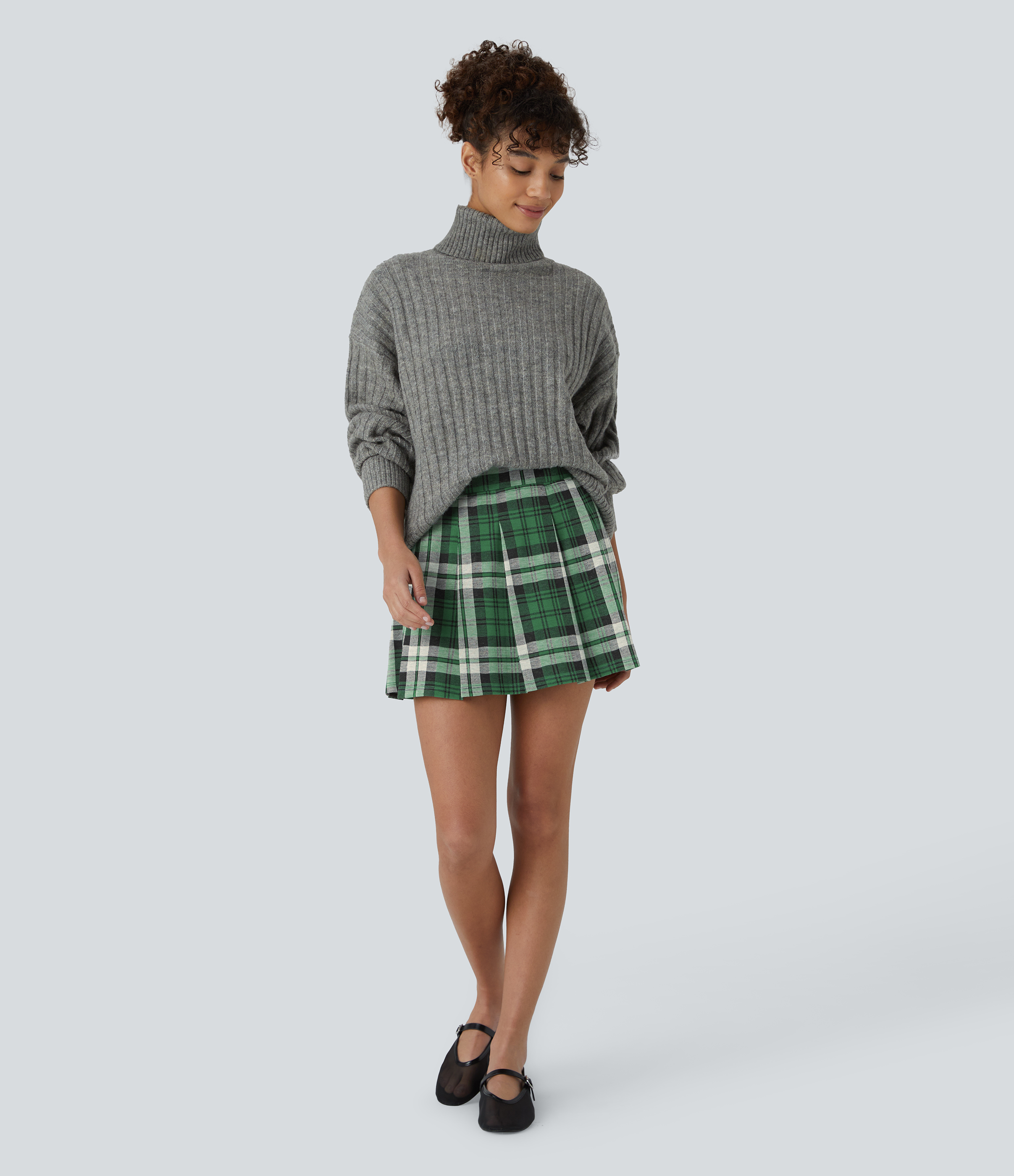 Halara High Waisted Side Pocket 2-in-1 Plaid Pleated Mini Casual Skirt  - Green Ivy Plaid - XS(regular) 