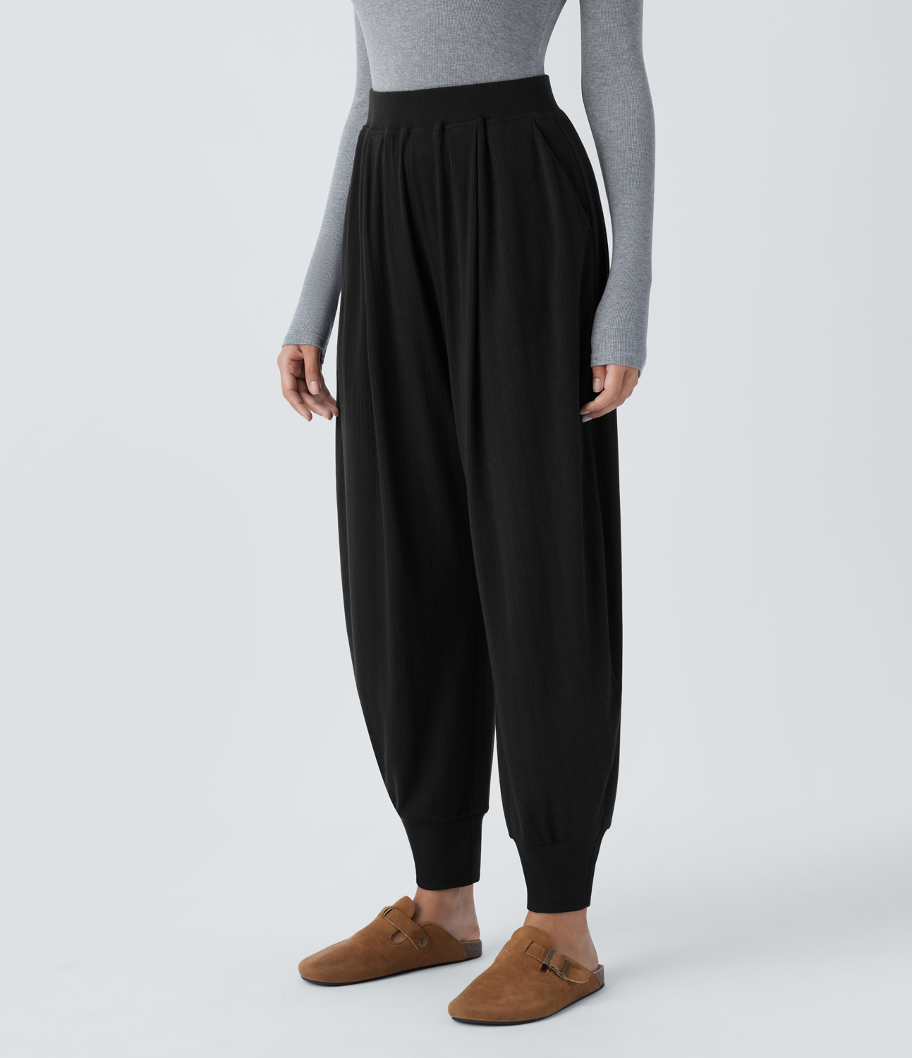 Halara Ribbed Knit High Waisted Plicated Side Pocket Casual Joggers  - Black - XS(regular) 
