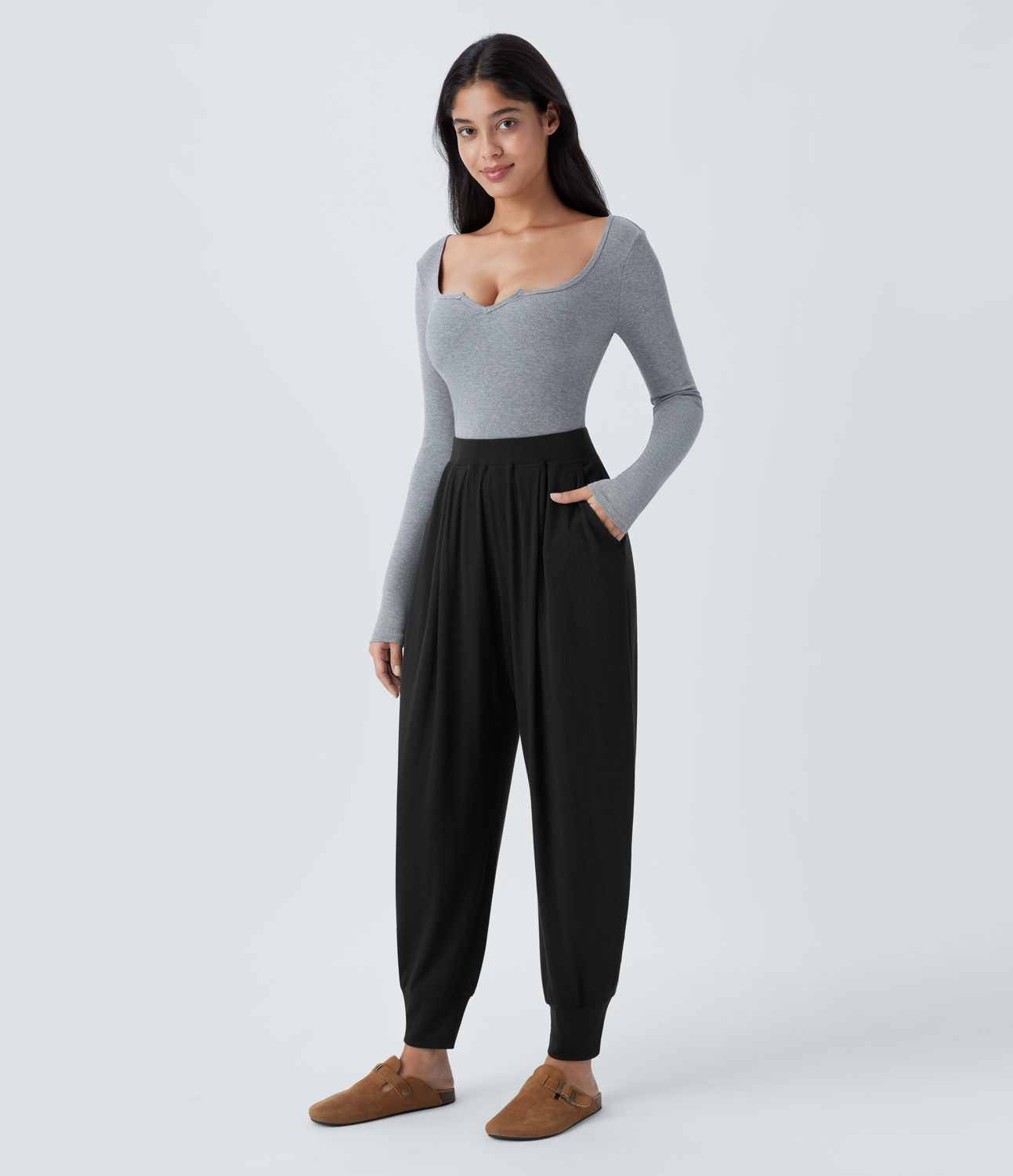 Halara Ribbed Knit High Waisted Plicated Side Pocket Casual Joggers  - Black - XS(regular) 