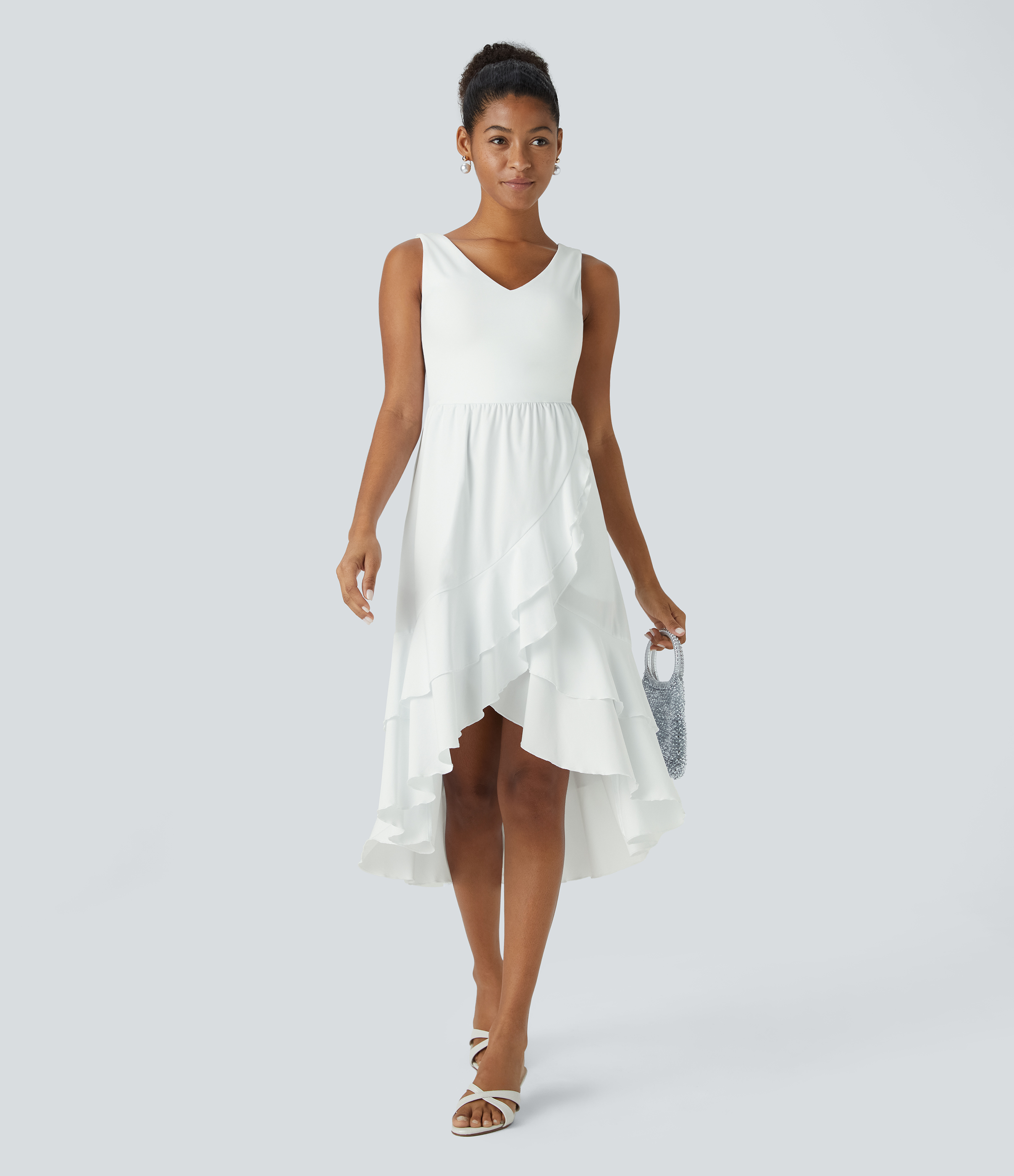 Halara Breezefulв„ў V Neck Backless Cut Out Side Pocket Plicated Ruffle Flowy Quick Dry Midi Bridesmaid And Wedding Guest Dress Casual Dress - White - XS 