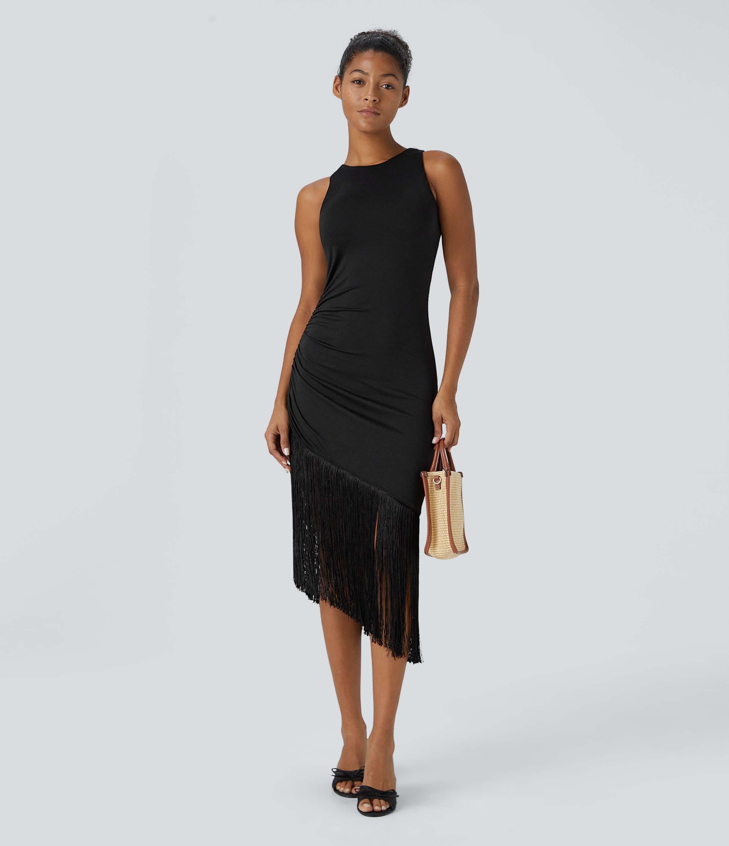 Halara Round Neck Sleeveless Ruched Fringe Bodycon Midi Resort Dress Casual Dress - Black - M slip dress beach dress ruched dress 