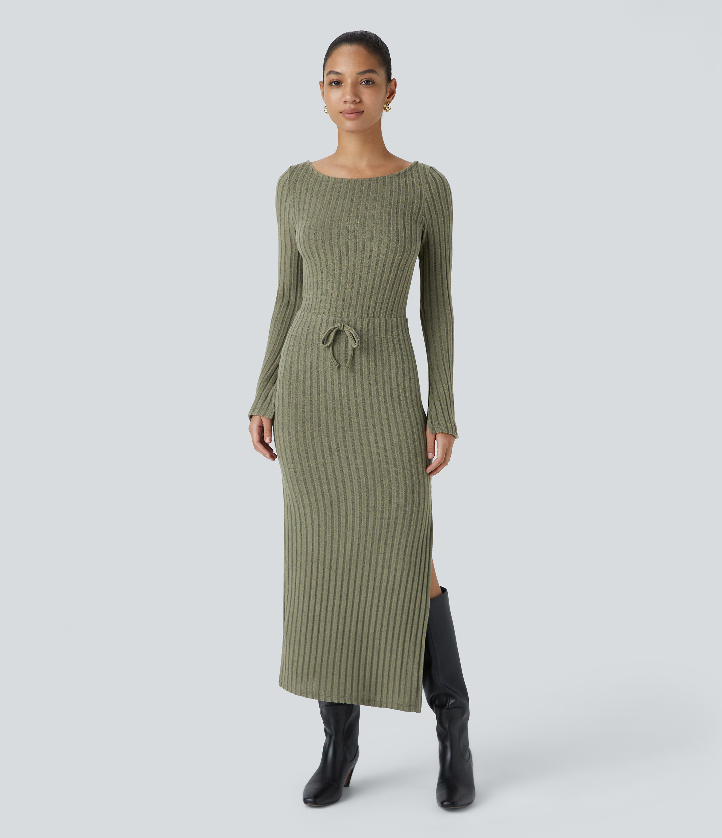 Halara Ribbed Knit Boat Neck Split Flare Long Sleeve Bow Bodycon Midi Casual Dress Casual Dress - Moss Green Floral Velvet - M slip dress 