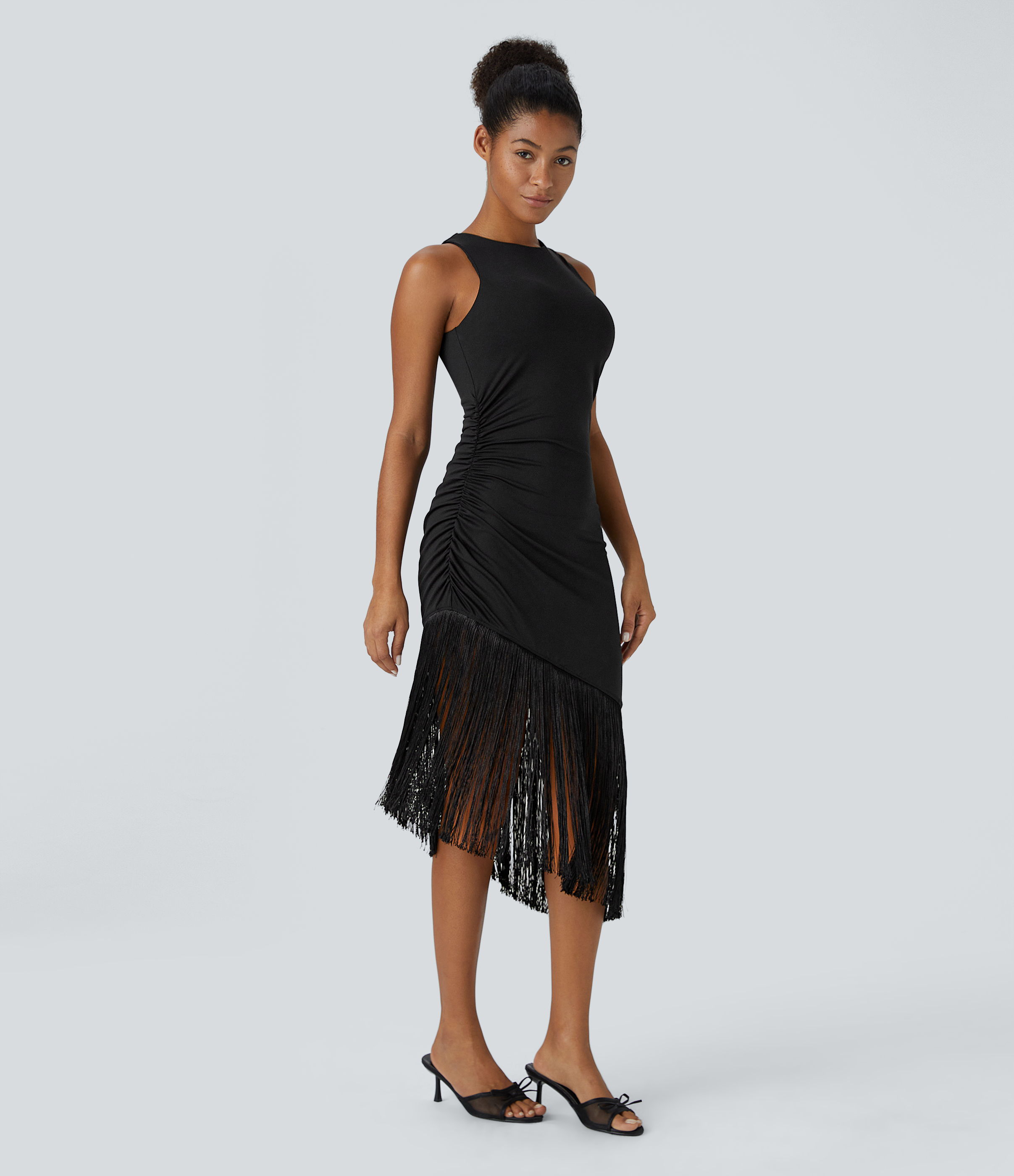 Halara Round Neck Sleeveless Ruched Fringe Bodycon Midi Resort Dress Casual Dress - Black - M slip dress beach dress ruched dress 