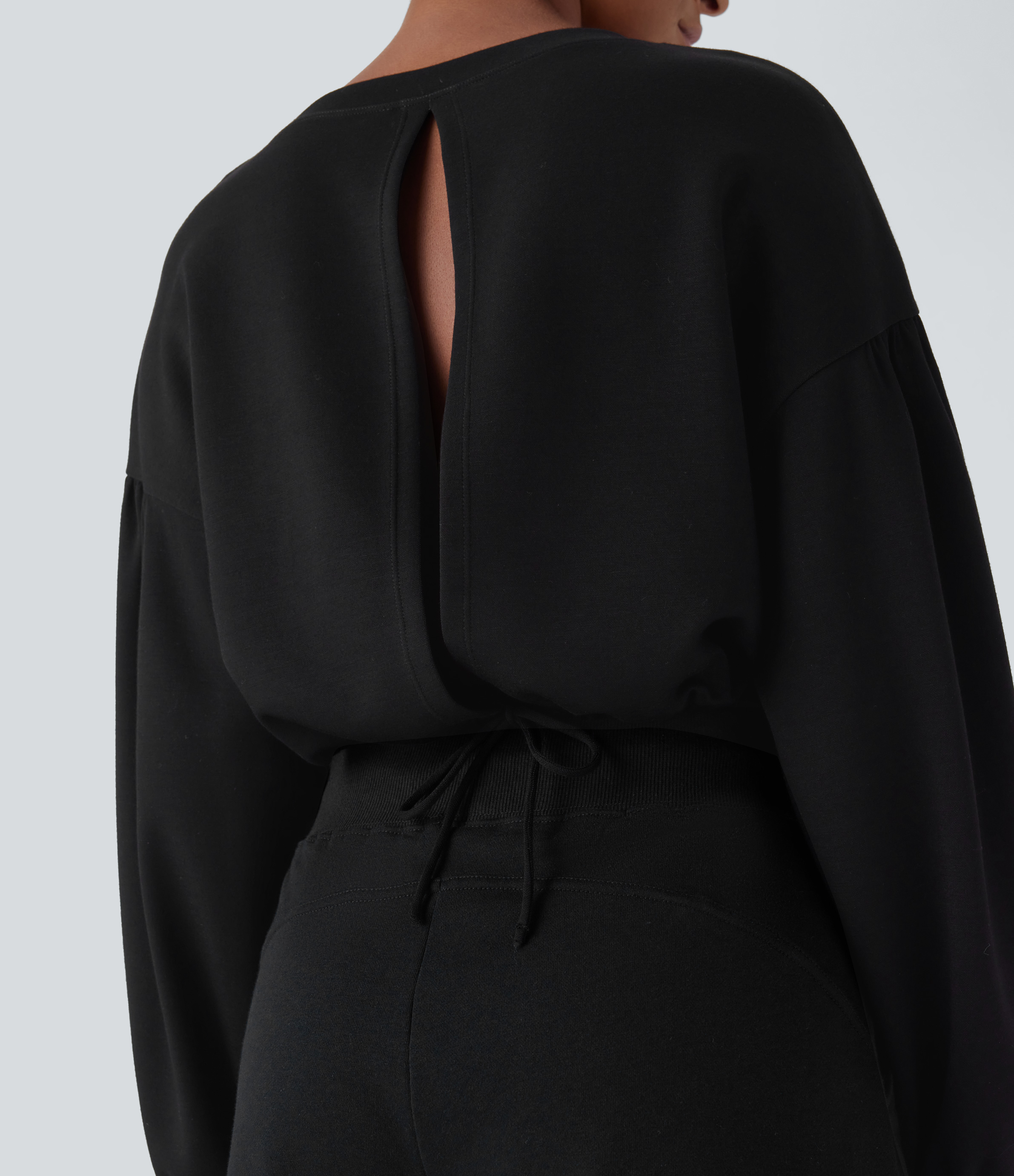 Halara Backless Drawstring Tie Back Bishop Sleeve Cropped Casual Sweatshirt  - Black - L 