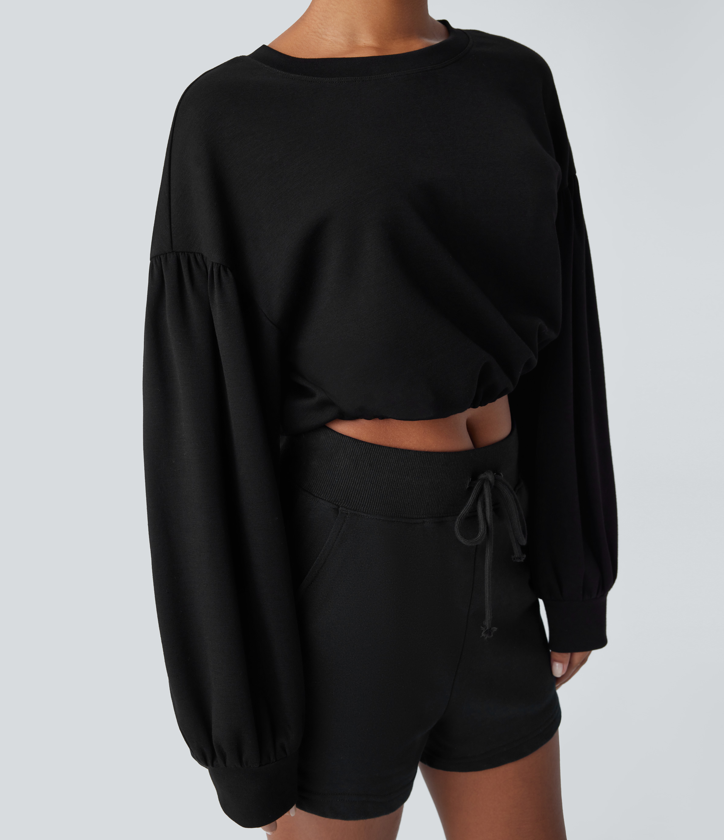 Halara Backless Drawstring Tie Back Bishop Sleeve Cropped Casual Sweatshirt  - Black - L 