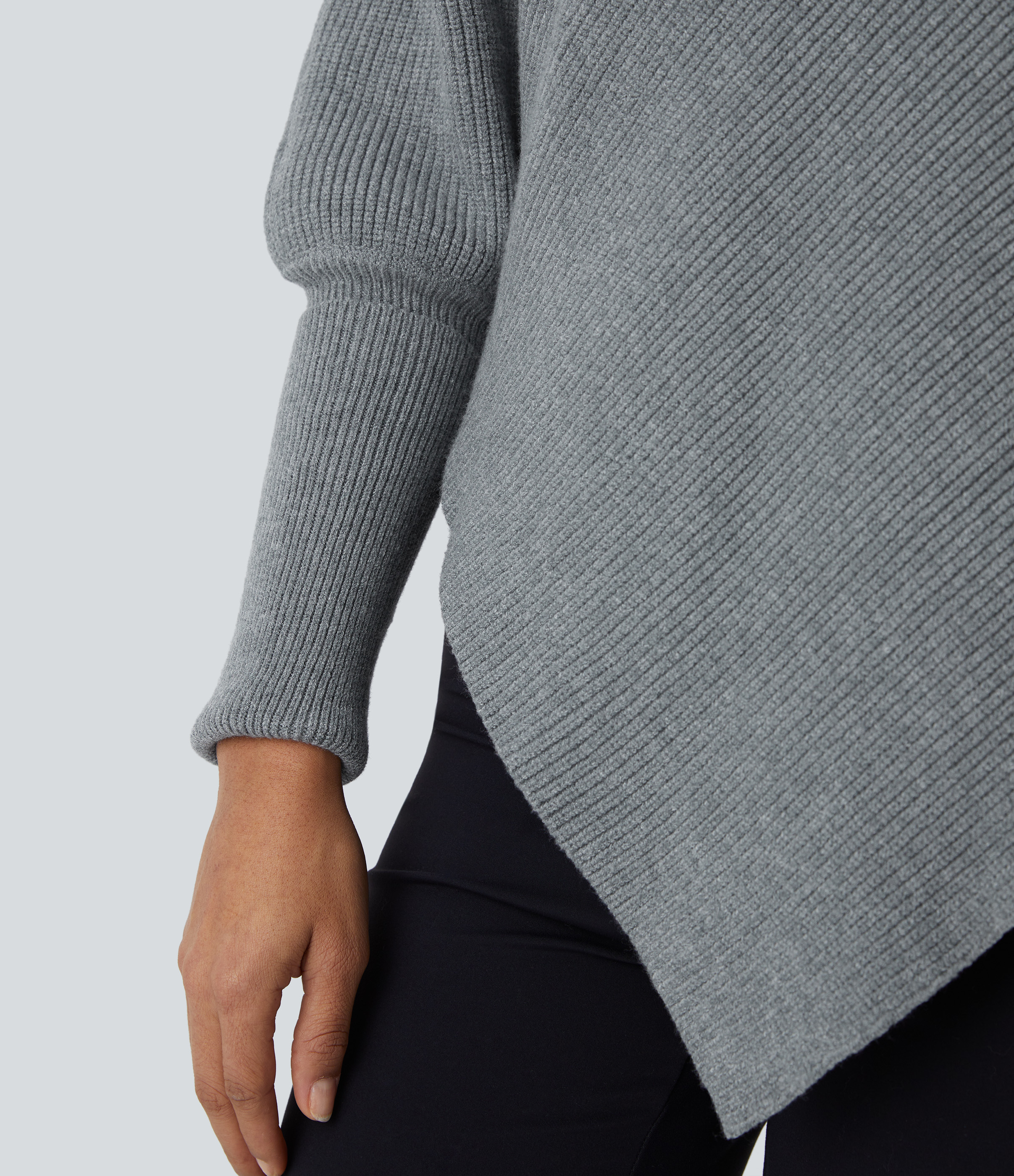 Halara High Neck Long Sleeve Asymmetric Hem Work Sweater  - Mottled Cloud Grey - XS 