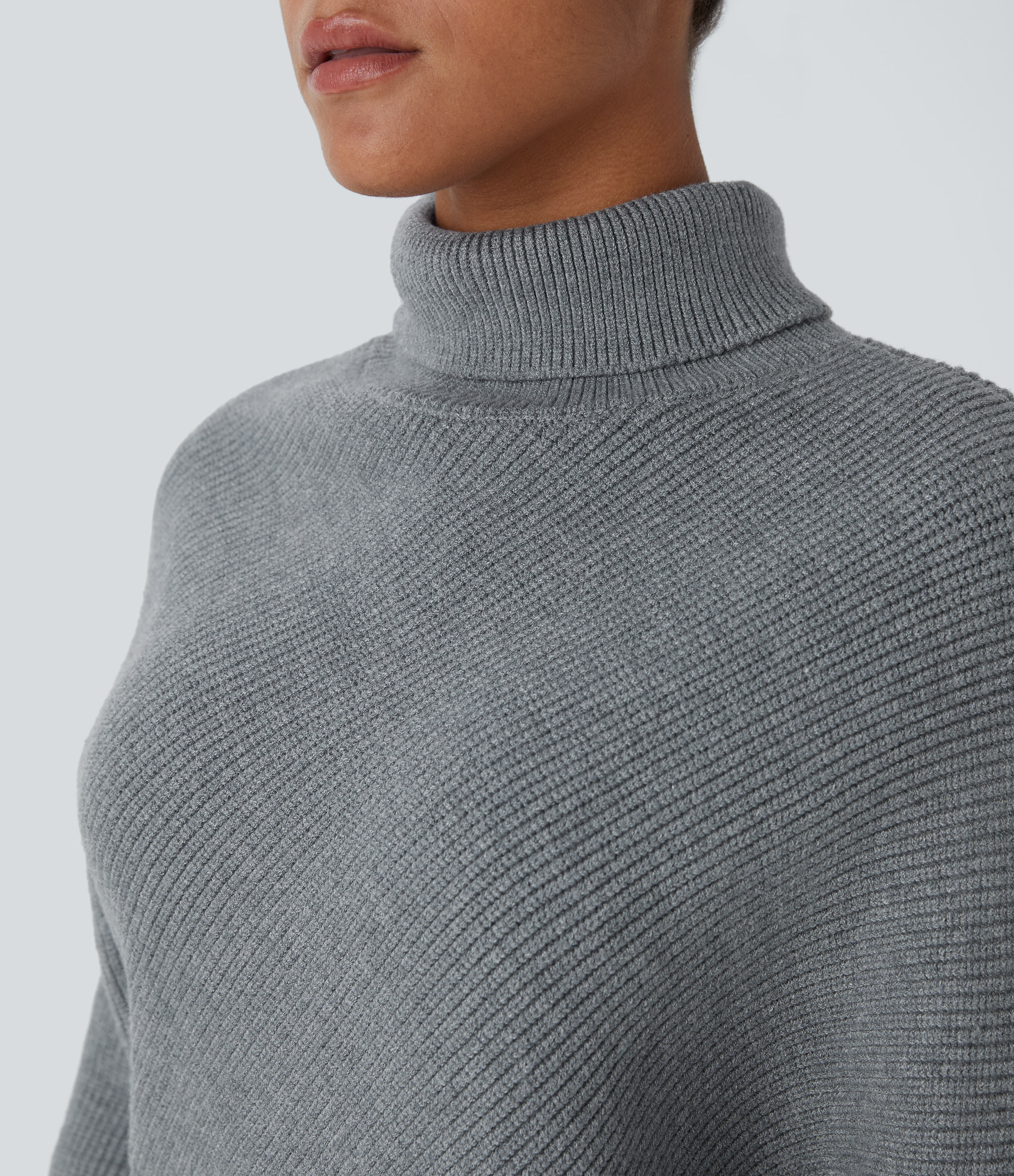 Halara High Neck Long Sleeve Asymmetric Hem Work Sweater  - Mottled Cloud Grey - XS 