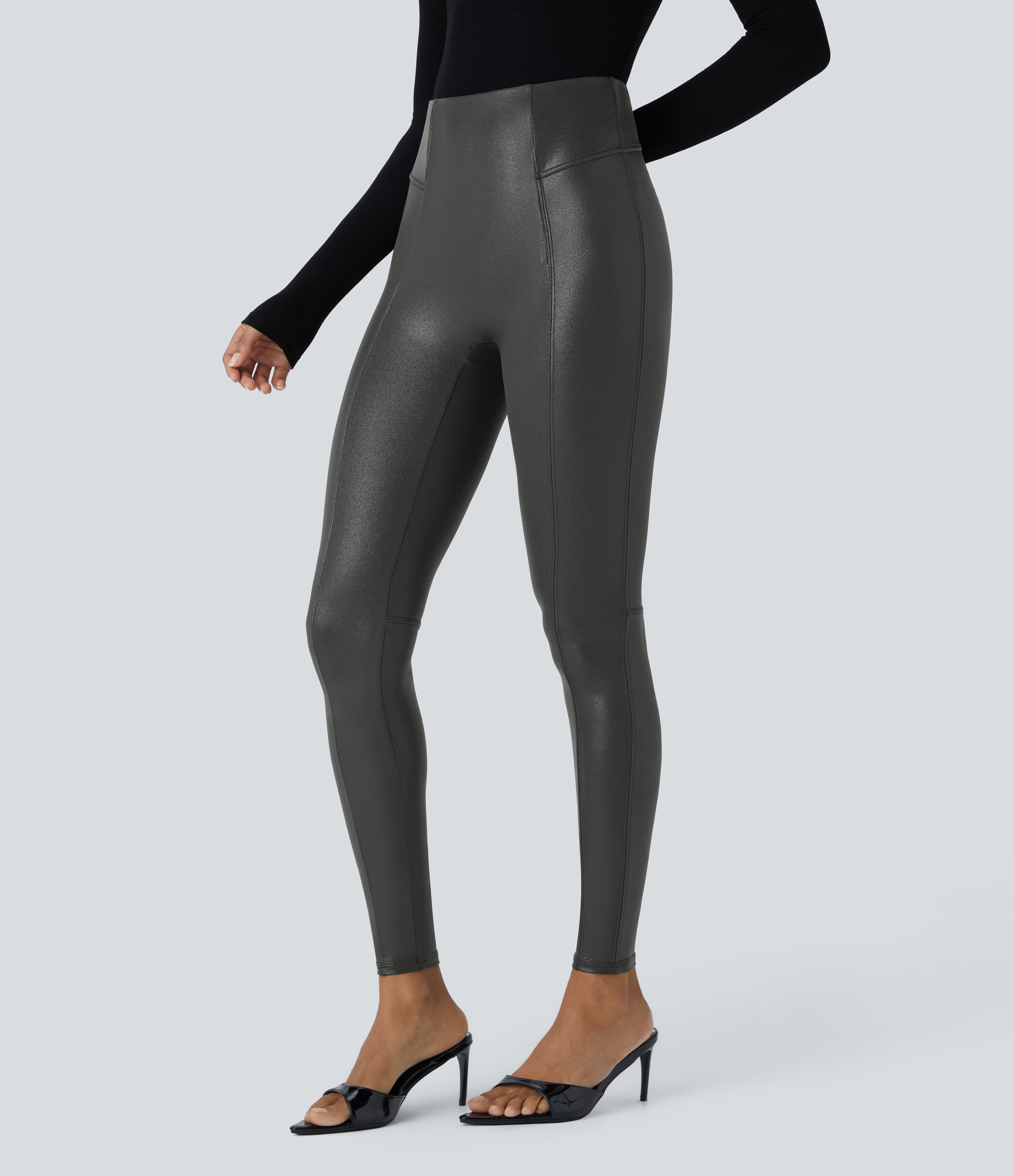High Waisted Tummy Control Faux Leather Foil Print Stretchy Leggings