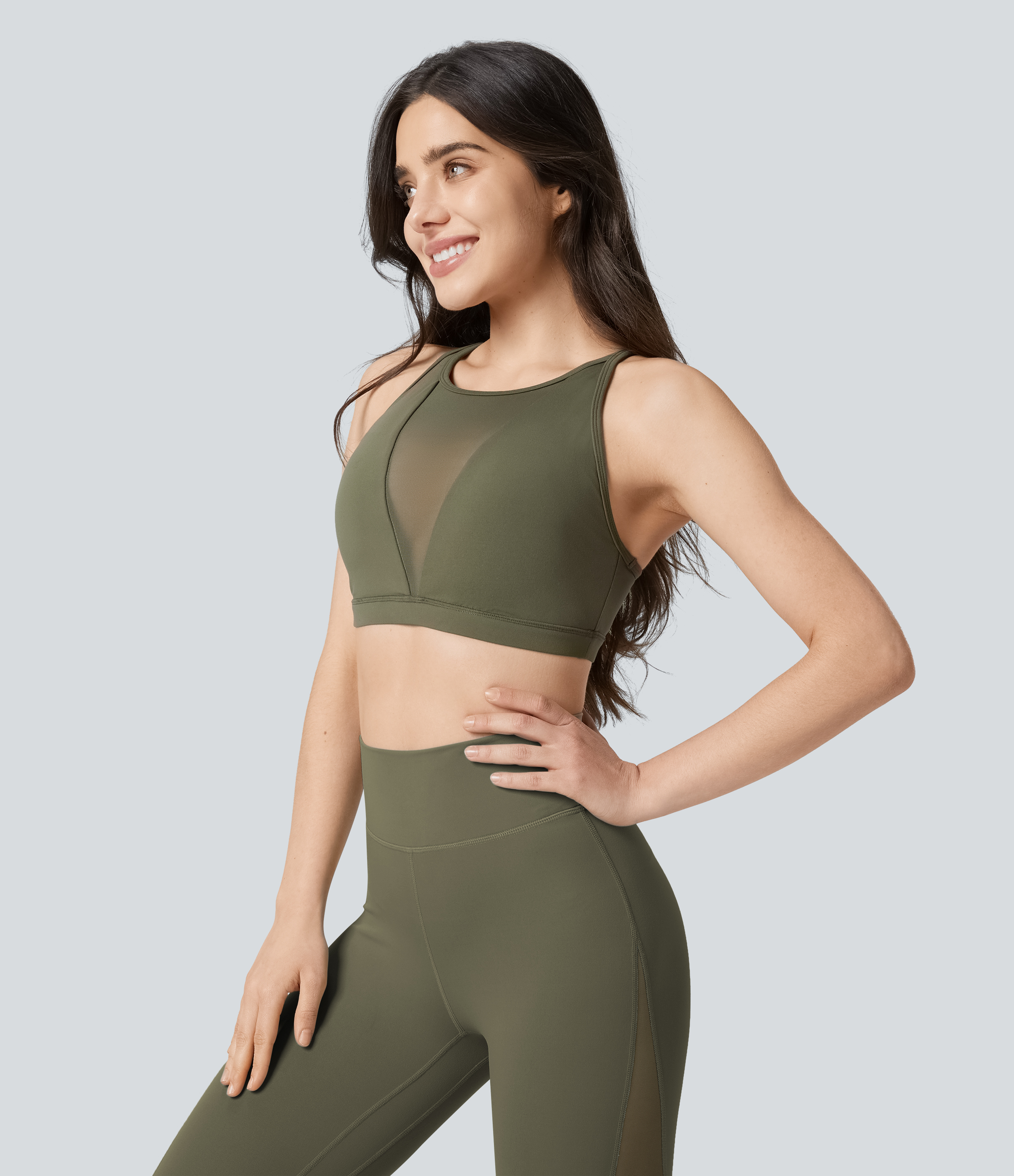 Halara Softlyzeroв„ў Low Support Contrast Mesh Y Back Yoga Sports Bra  - Grass Grey Green - L push up bra strapless bra backless bra sticky bra 