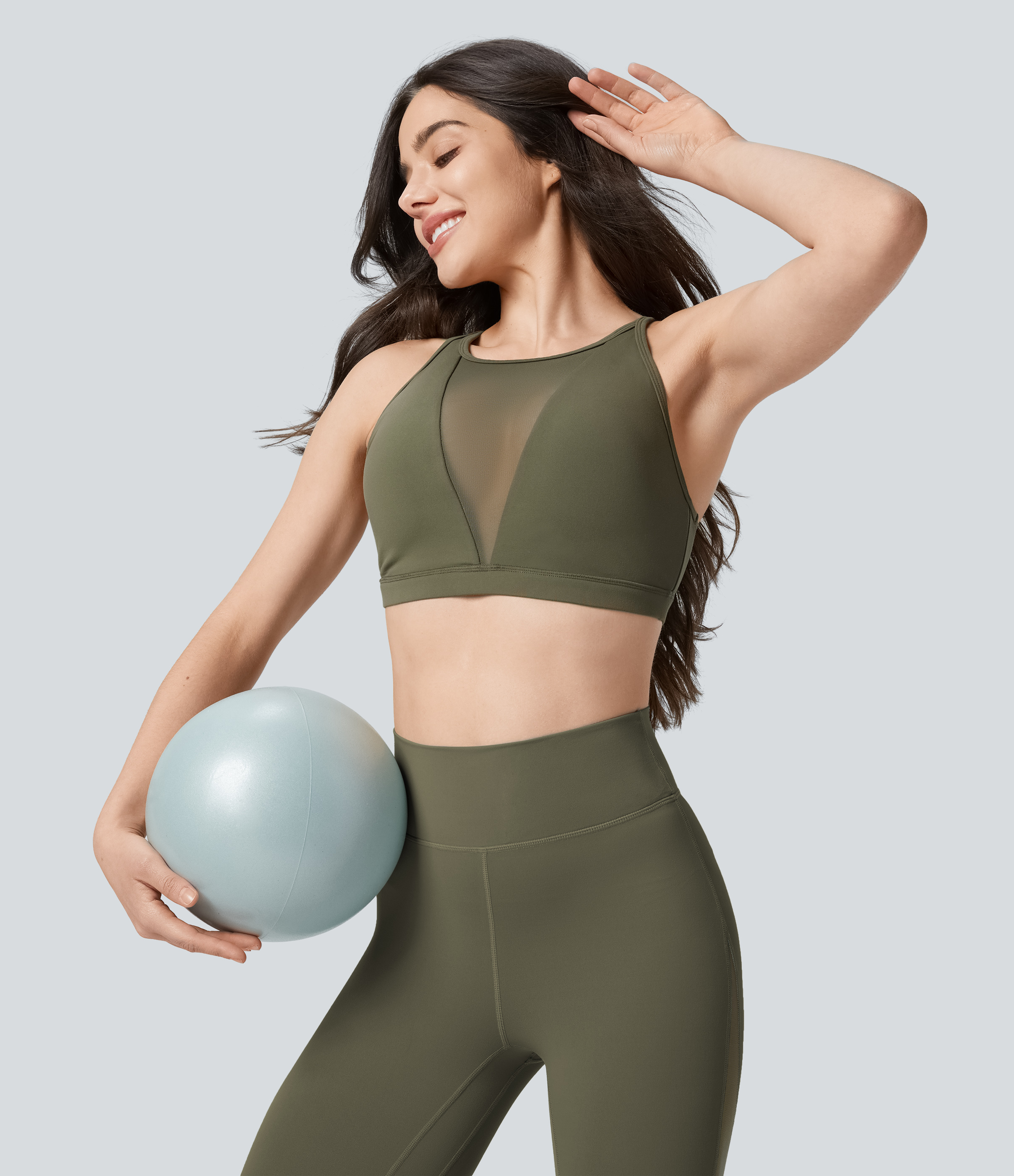 Halara Softlyzeroв„ў Low Support Contrast Mesh Y Back Yoga Sports Bra  - Grass Grey Green - L push up bra strapless bra backless bra sticky bra 