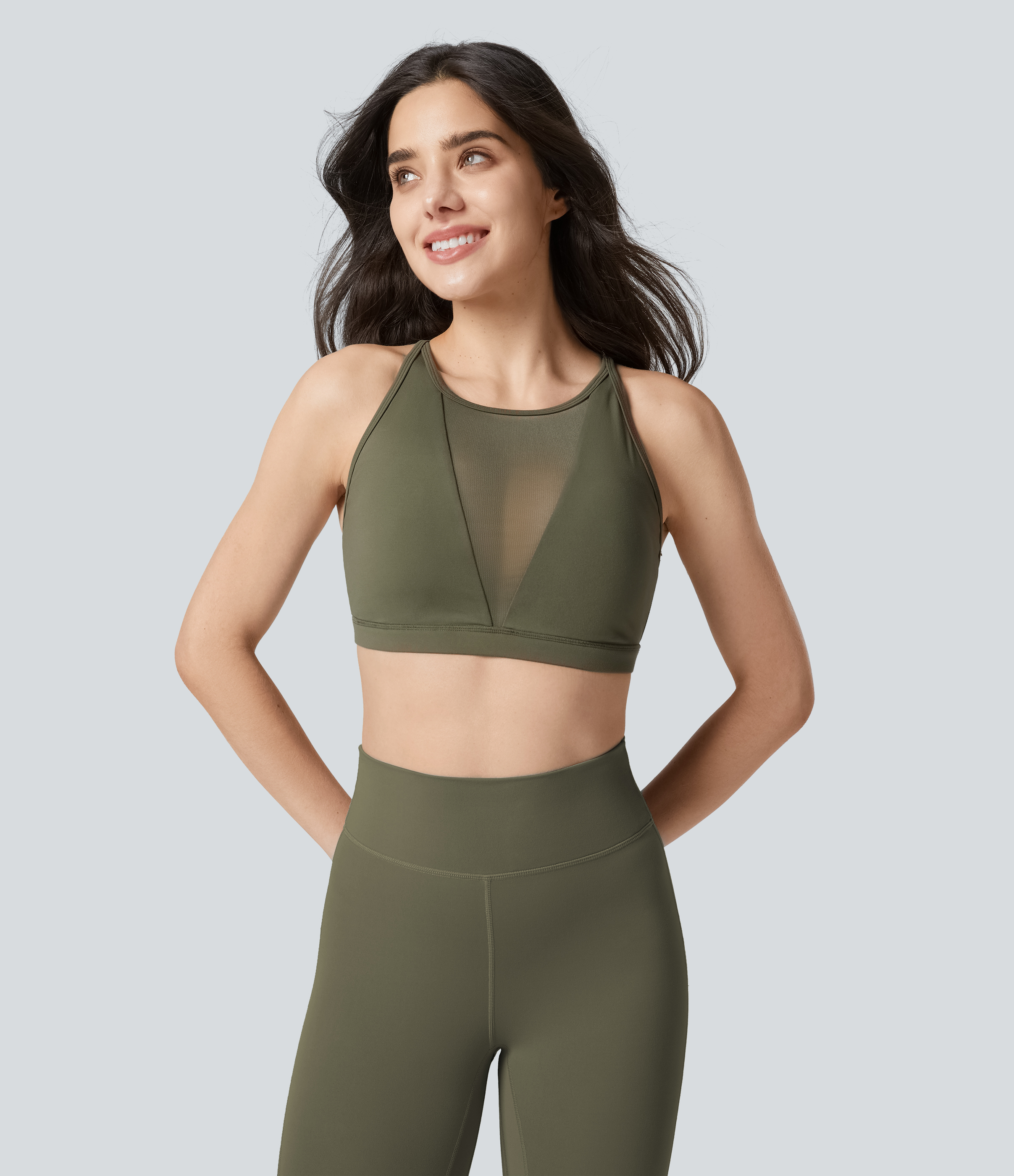Halara Softlyzeroв„ў Low Support Contrast Mesh Y Back Yoga Sports Bra  - Grass Grey Green - L push up bra strapless bra backless bra sticky bra 