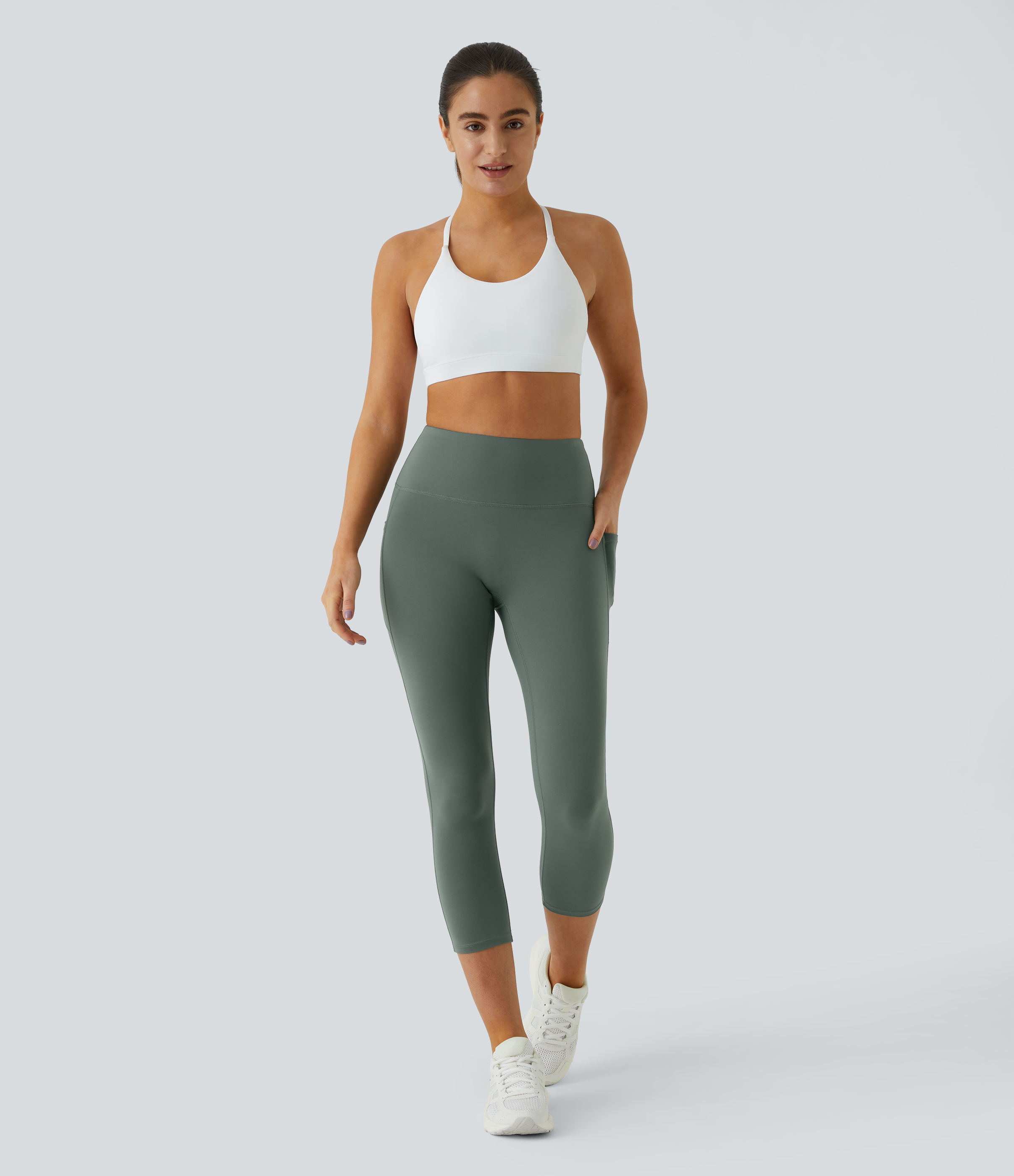 Halara PatitoffВ® 2.0 Pet Hair Resistant High Waisted Side Pocket Capri Yoga Leggings  - Washington Gray Green - M gym leggings 
