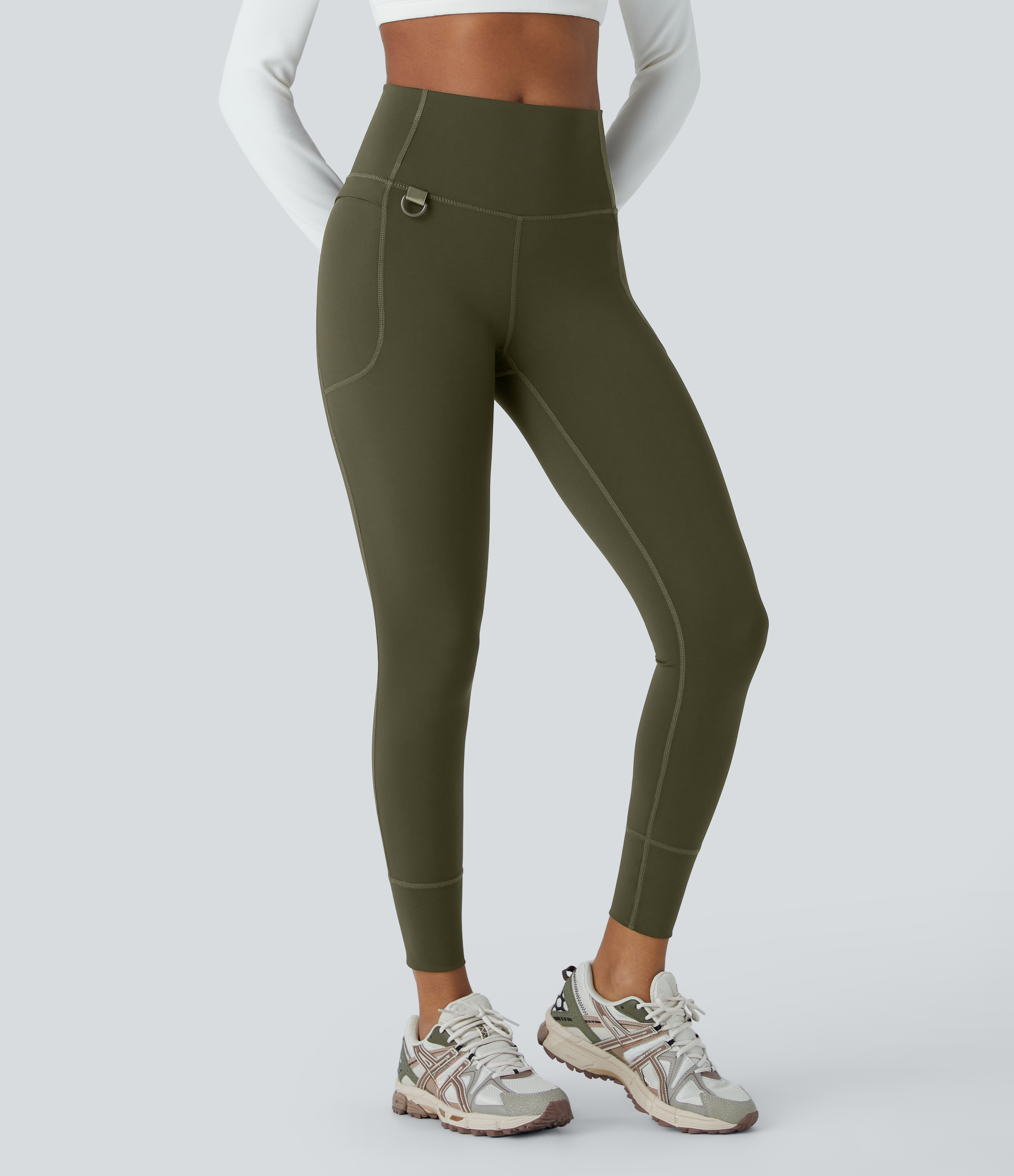 Halara SoCinched Wear-Resistant High Waisted Tummy Control Side Pocket 7/8 Rock Climbing Leggings  - Twilight Green - L(7/8) gym leggings 