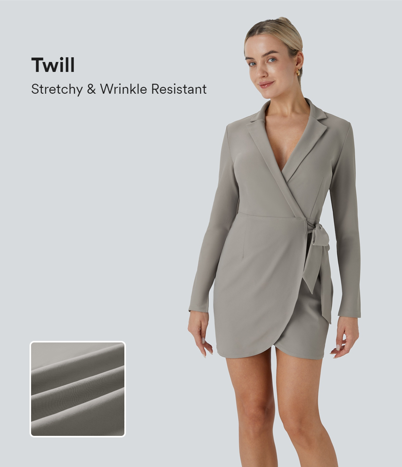 Halara Lapel Long Sleeve Split Cuff Wrapped Tie Side Curved Hem Mini Twill Work Dress Casual Dress - Elephant Skin - XL slip dress 