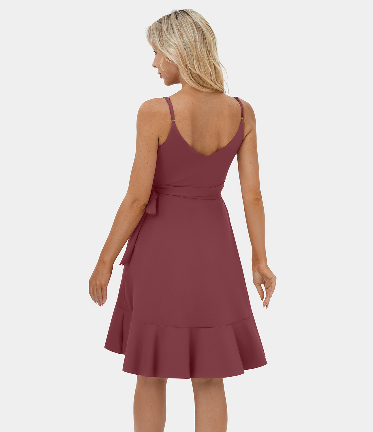 

Halara Softlyzeroв„ў Airy Deep V Neck Adjustable Strap Backless Belted Ruffle Hem Midi Cool Touch Casual Dress-No Liner Shorts-UPF50+ Casual Dress - Cordovan