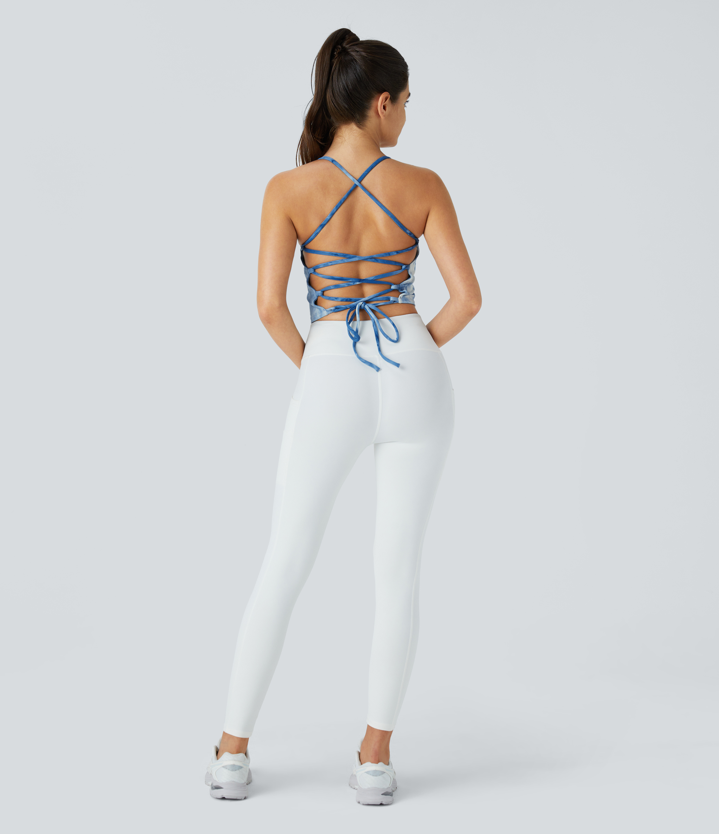 Halara Spaghetti Strap Tie Dye Backless Crisscross Lace Up Cropped Tank Top Tank Top - Tie-dye Dark Blue - XL golf tops halter top tunic tops 